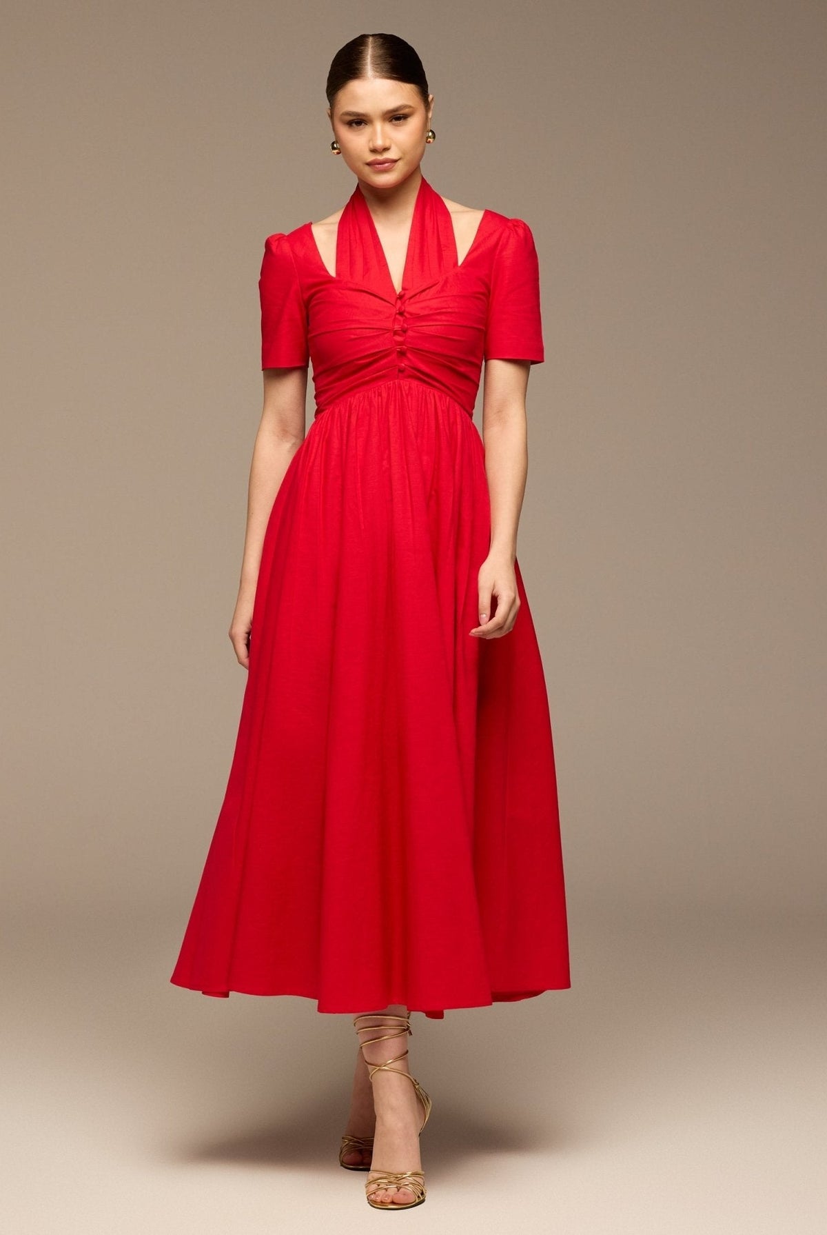 linen V-Neck Button-Front Dress - shopaleena