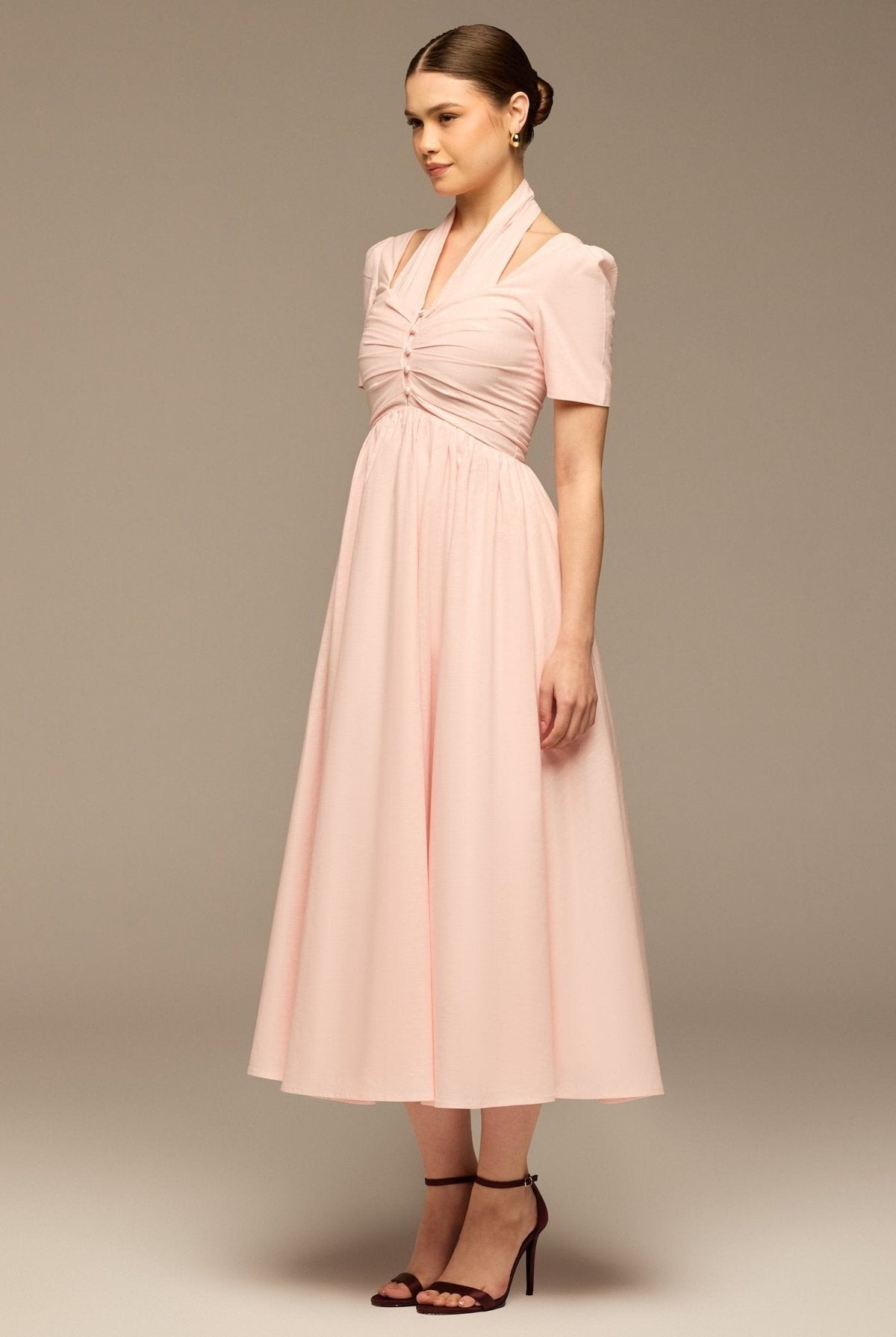 linen V-Neck Button-Front Dress - shopaleena