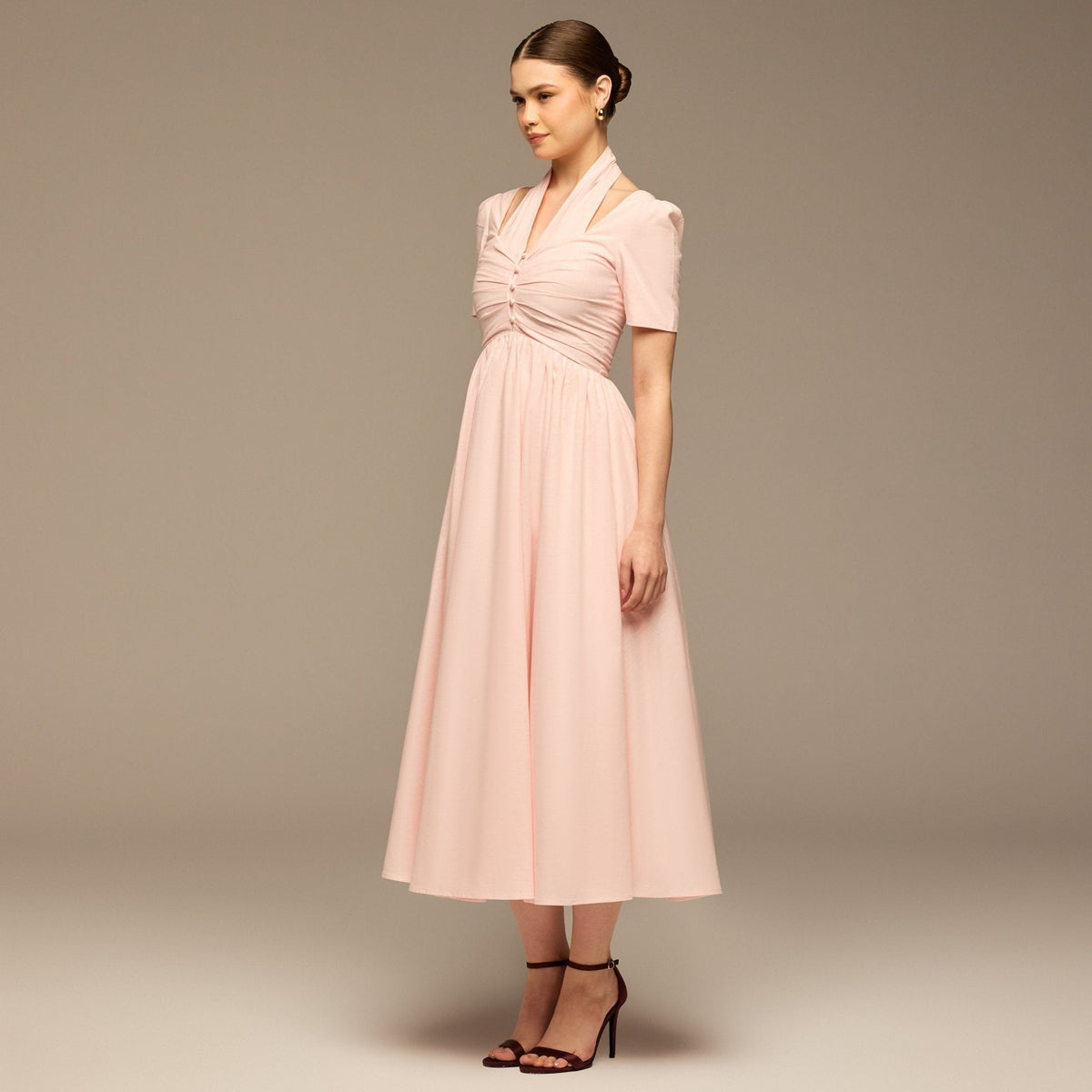 linen V-Neck Button-Front Dress - shopaleena