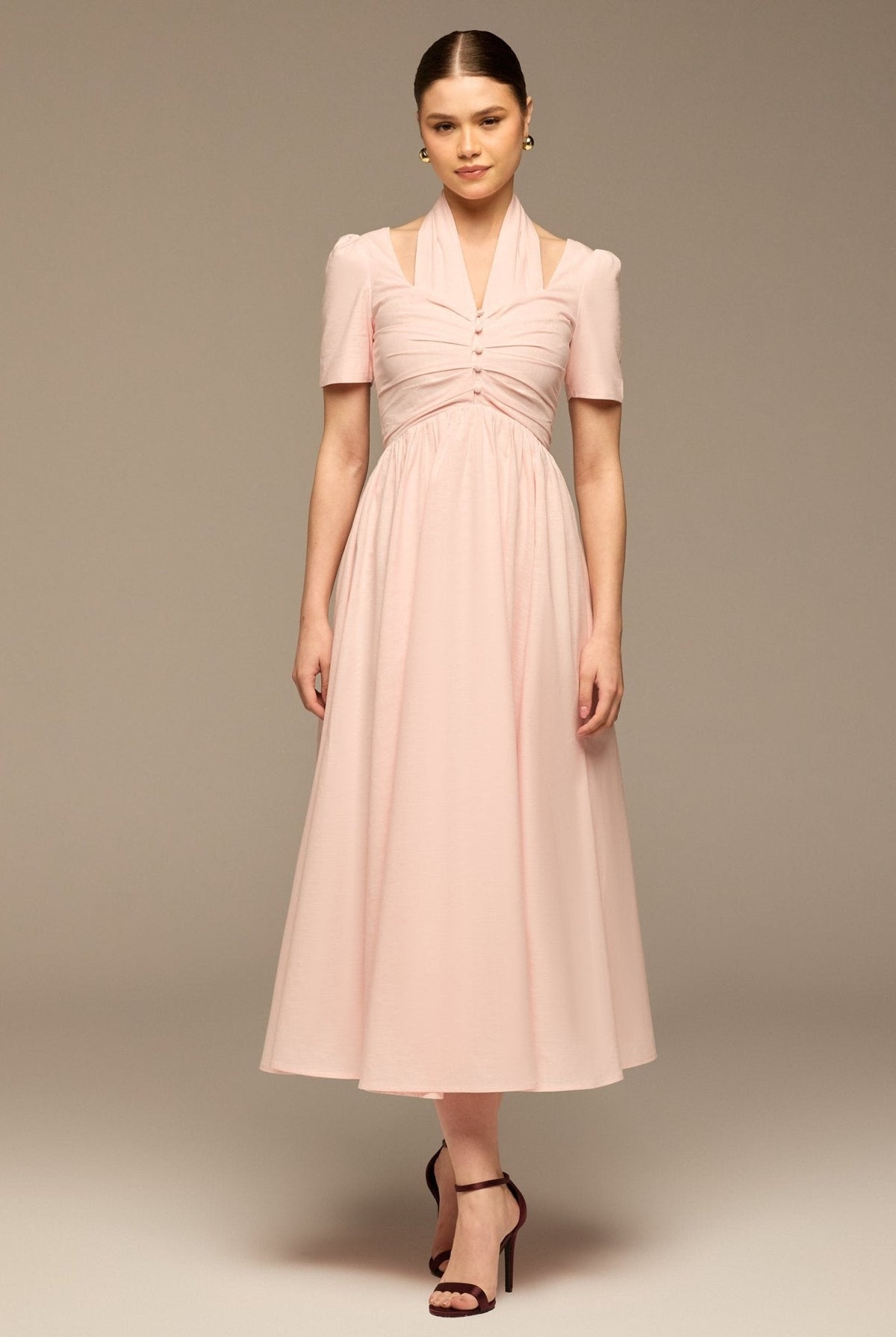 linen V-Neck Button-Front Dress - shopaleena