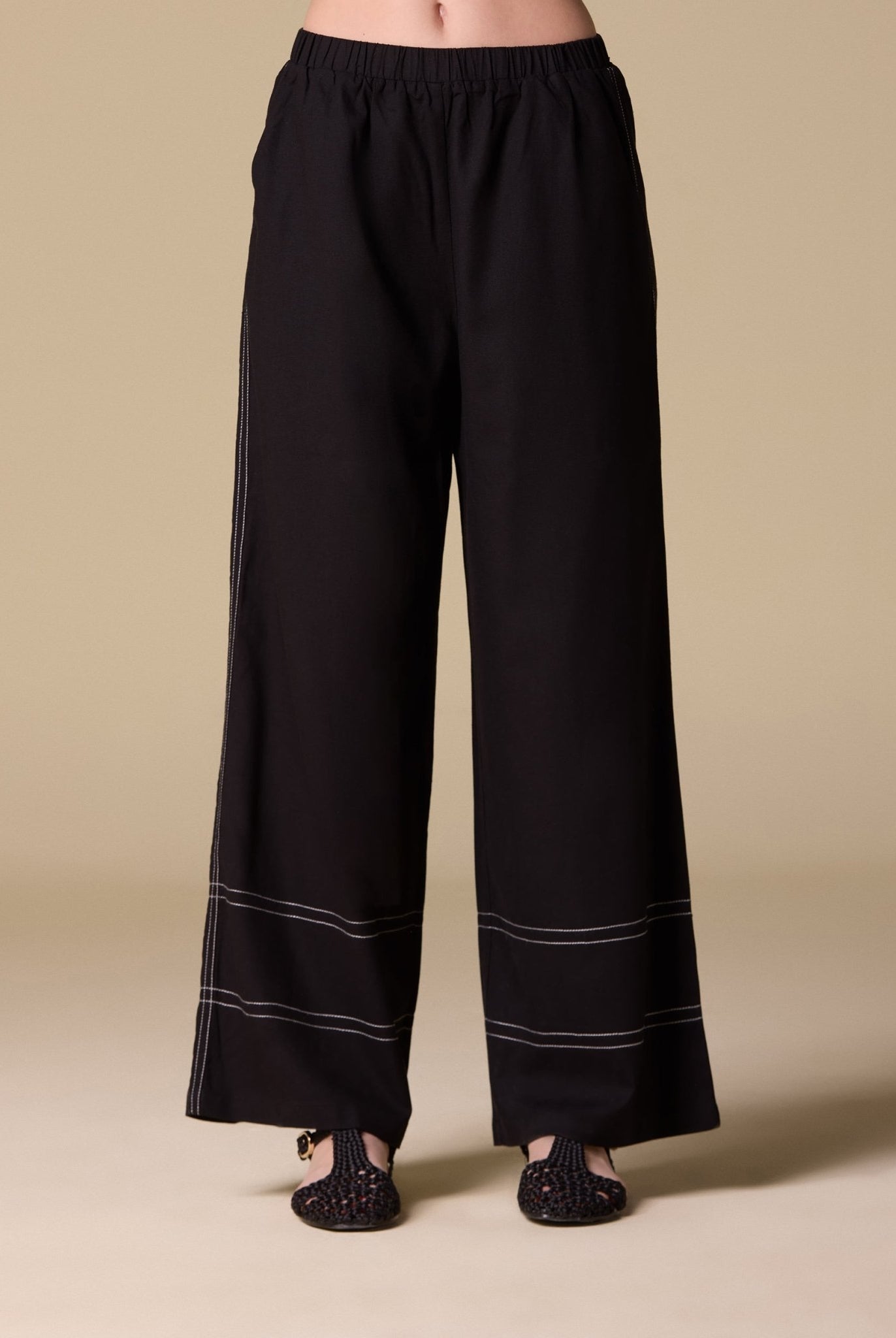 Linen White - Stitched Wide Leg Pants - shopaleena