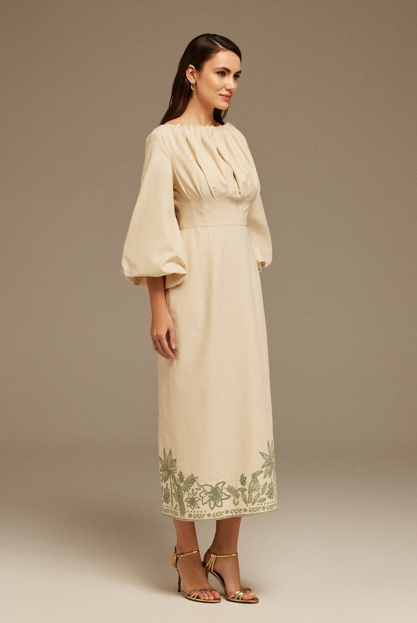 Long Puffy Sleeve Printed Midi Dress - shopaleena