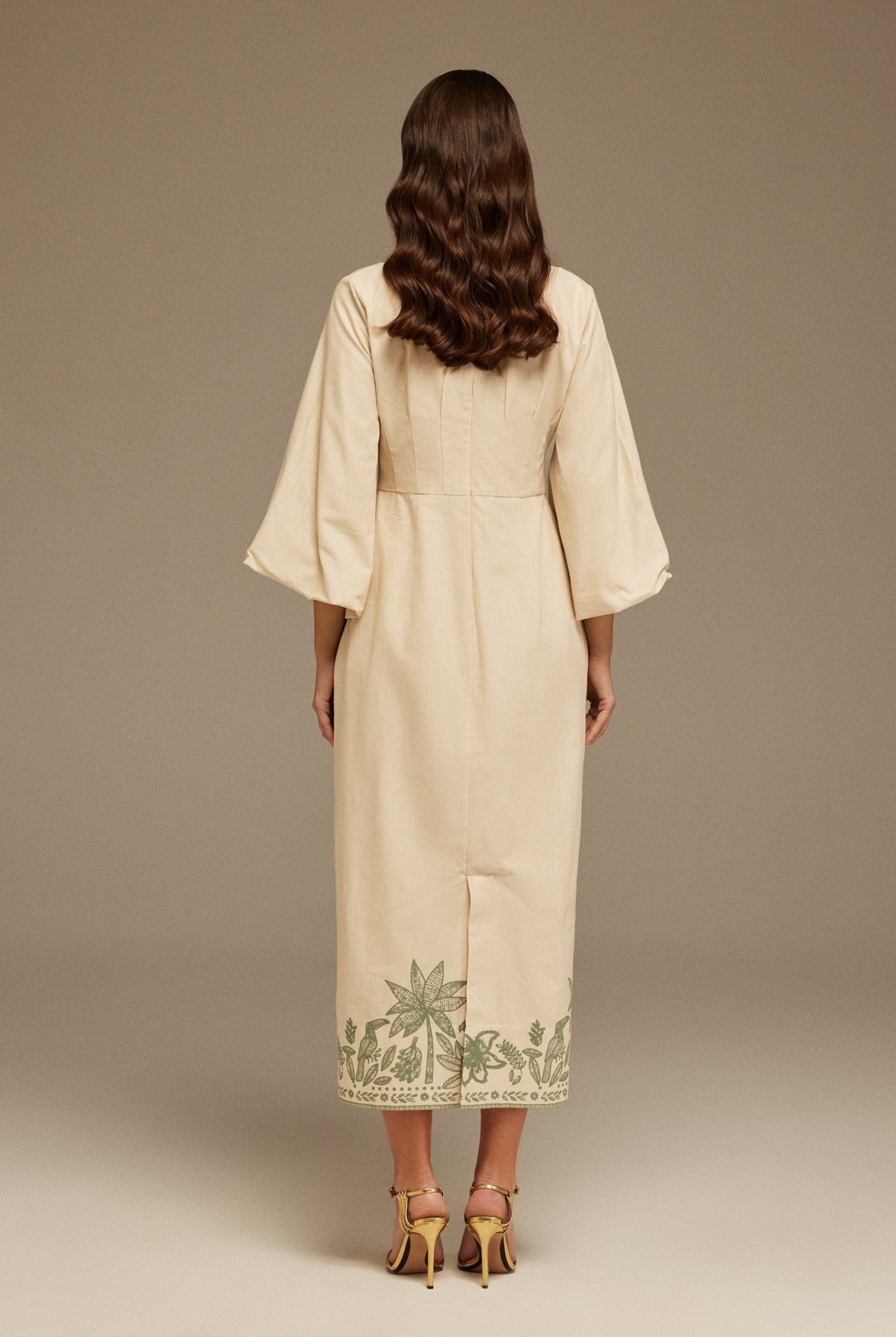 Long Puffy Sleeve Printed Midi Dress - shopaleena