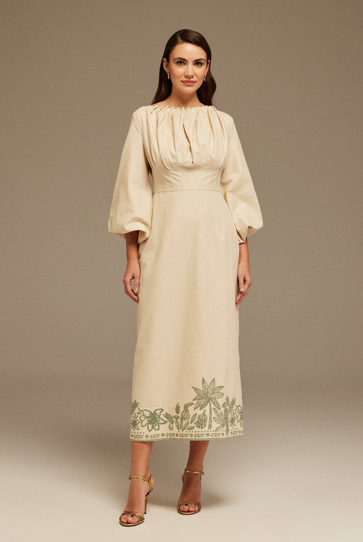 Long Puffy Sleeve Printed Midi Dress - shopaleena