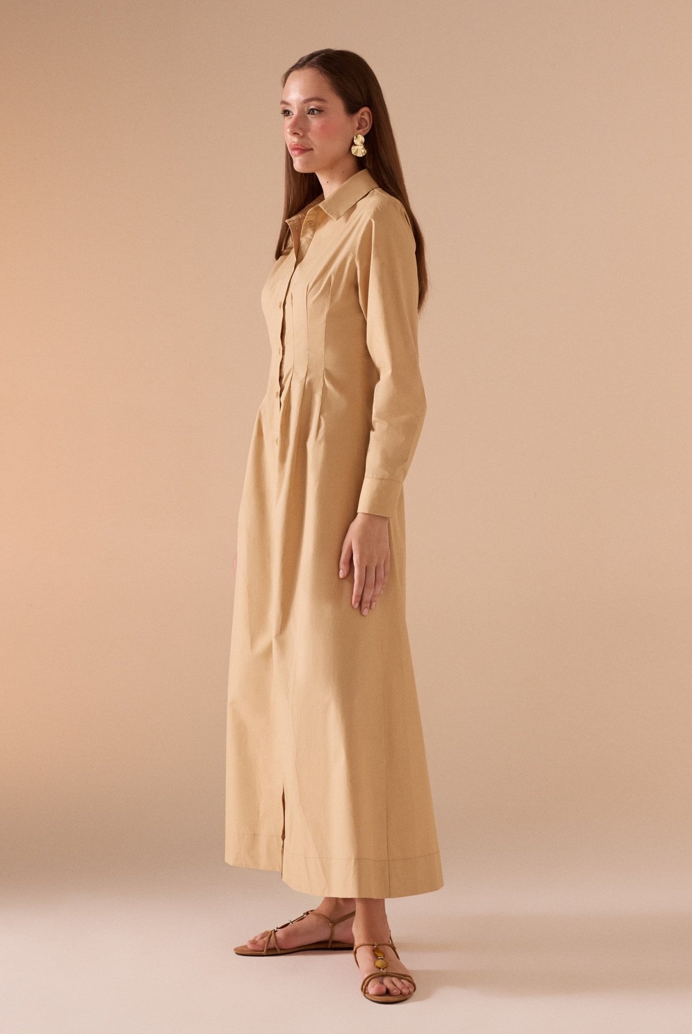 Long Sleeve A - line Maxi Poplin Dress - shopaleena