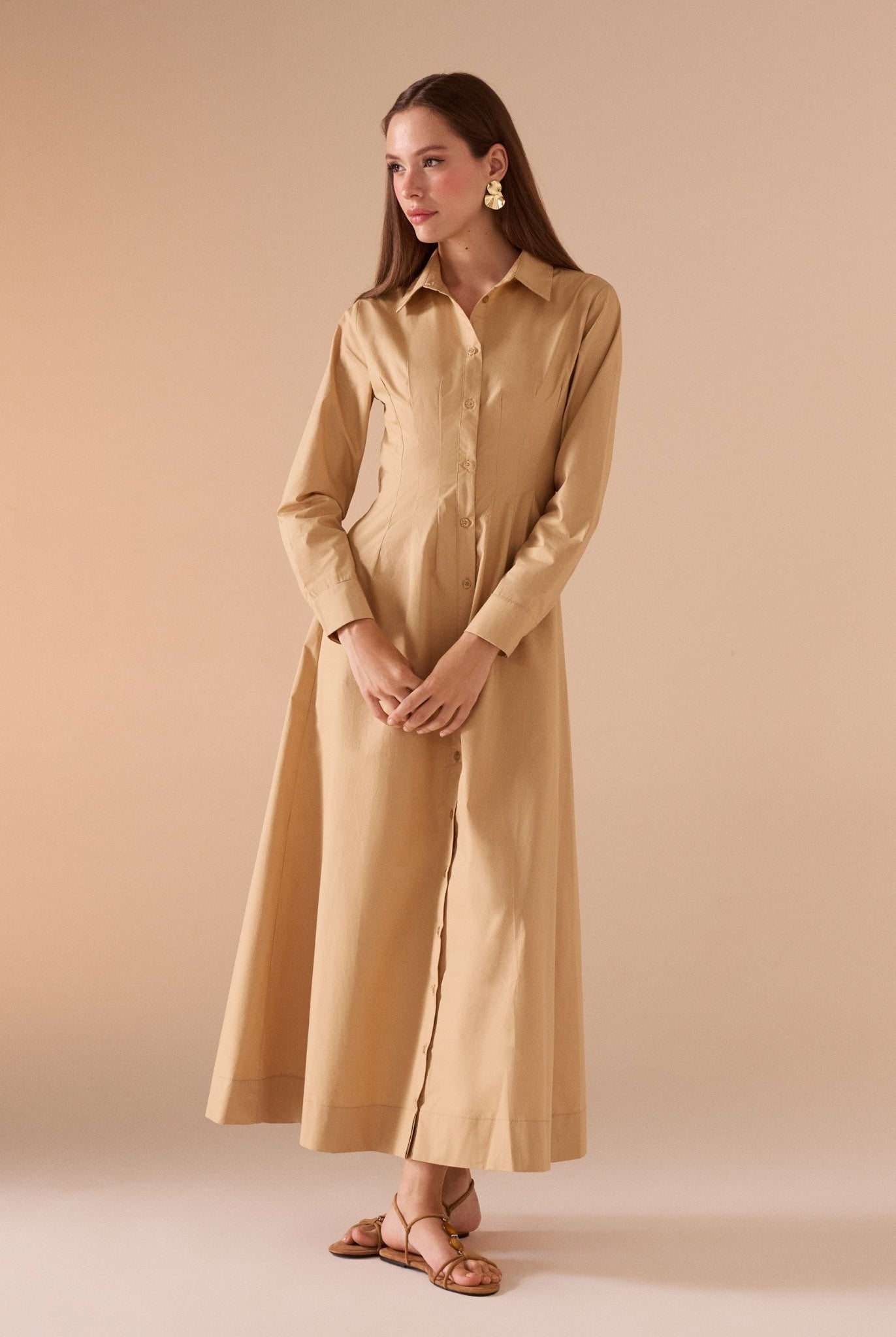 Long Sleeve A - line Maxi Poplin Dress - shopaleena