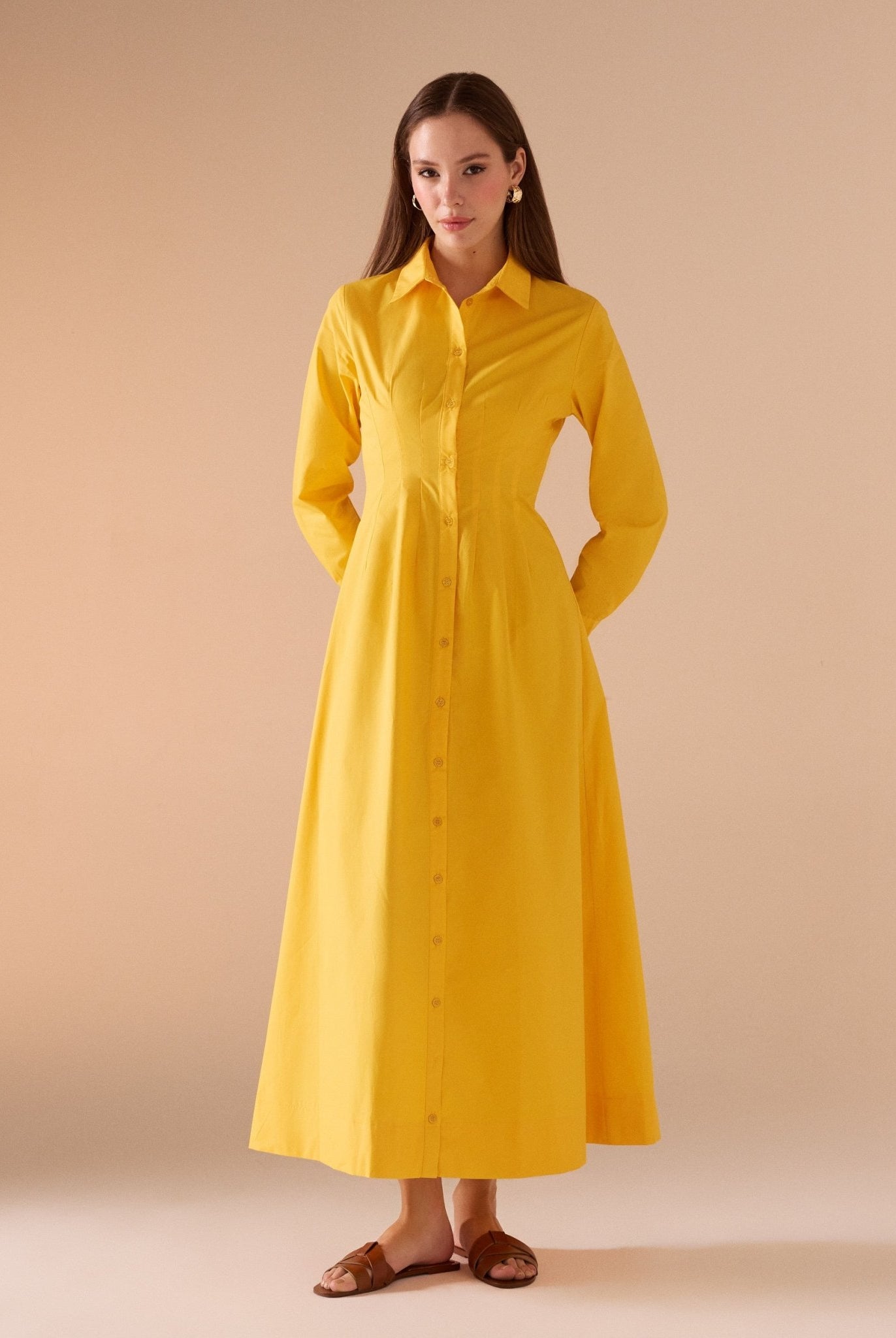 Long Sleeve A - line Maxi Poplin Dress - shopaleena