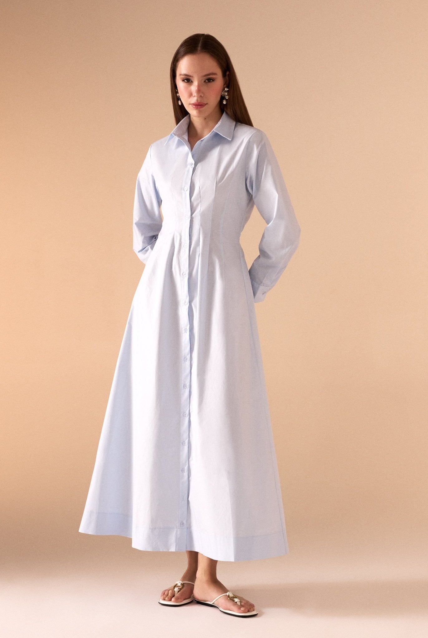 Long Sleeve A - line Maxi Poplin Dress - shopaleena