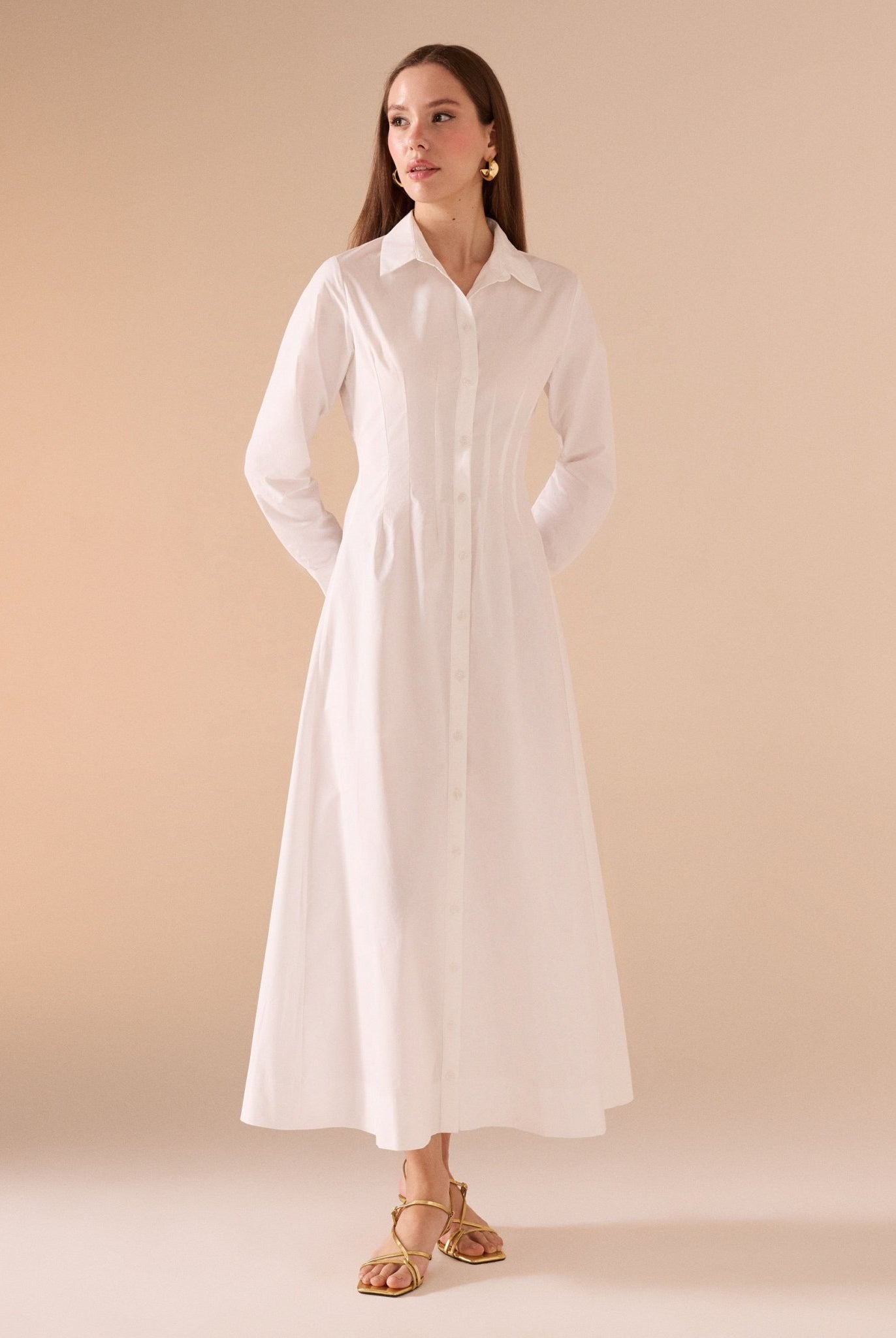 Long Sleeve A - line Maxi Poplin Dress - shopaleena