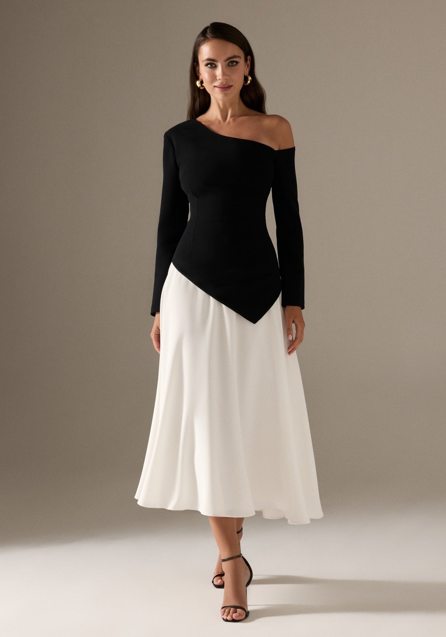 Long Sleeve A - line Midi Crepe Dress - shopaleena
