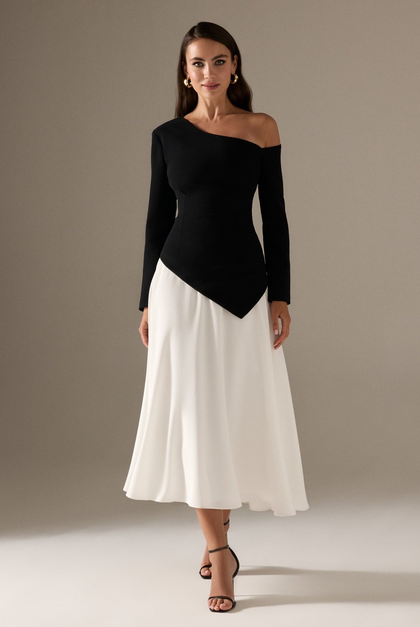 Long Sleeve A - line Midi Crepe Dress - shopaleena