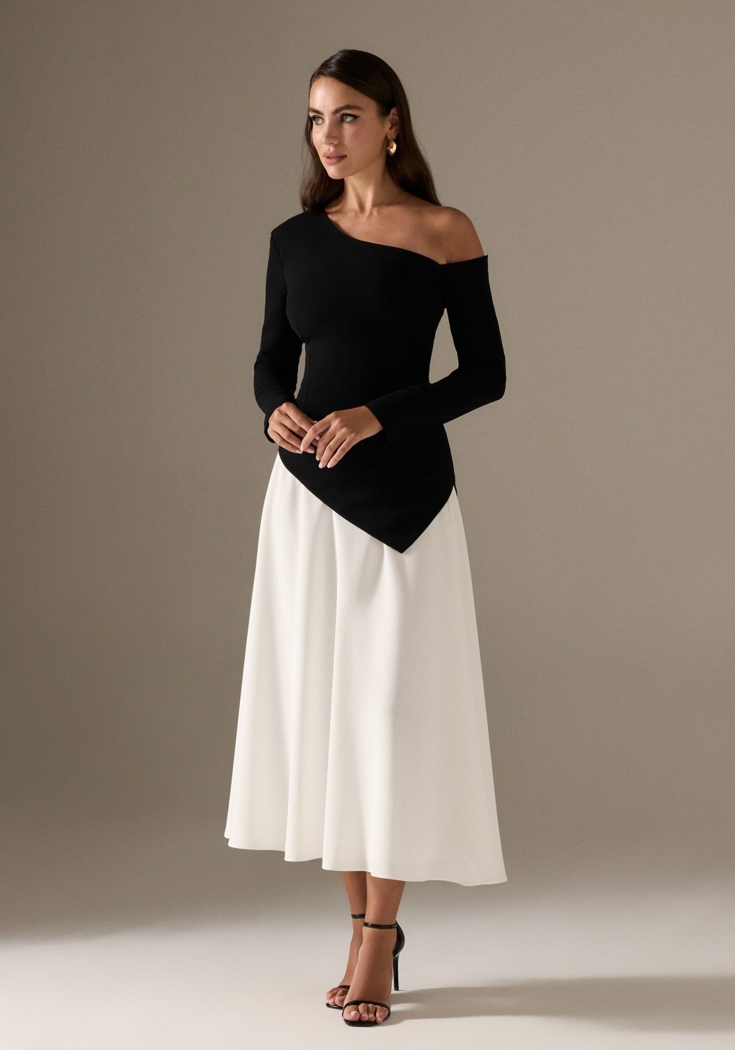 Long Sleeve A - line Midi Crepe Dress - shopaleena