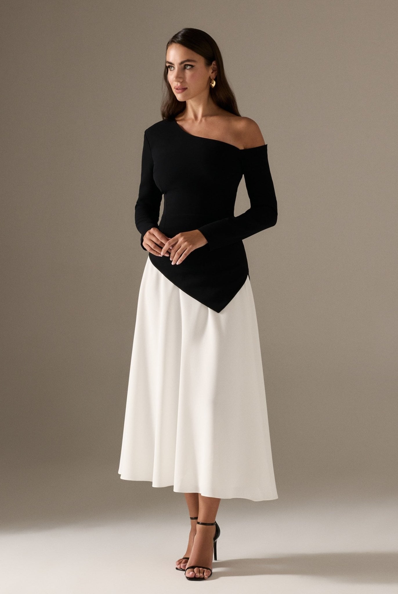 Long Sleeve A - line Midi Crepe Dress - shopaleena