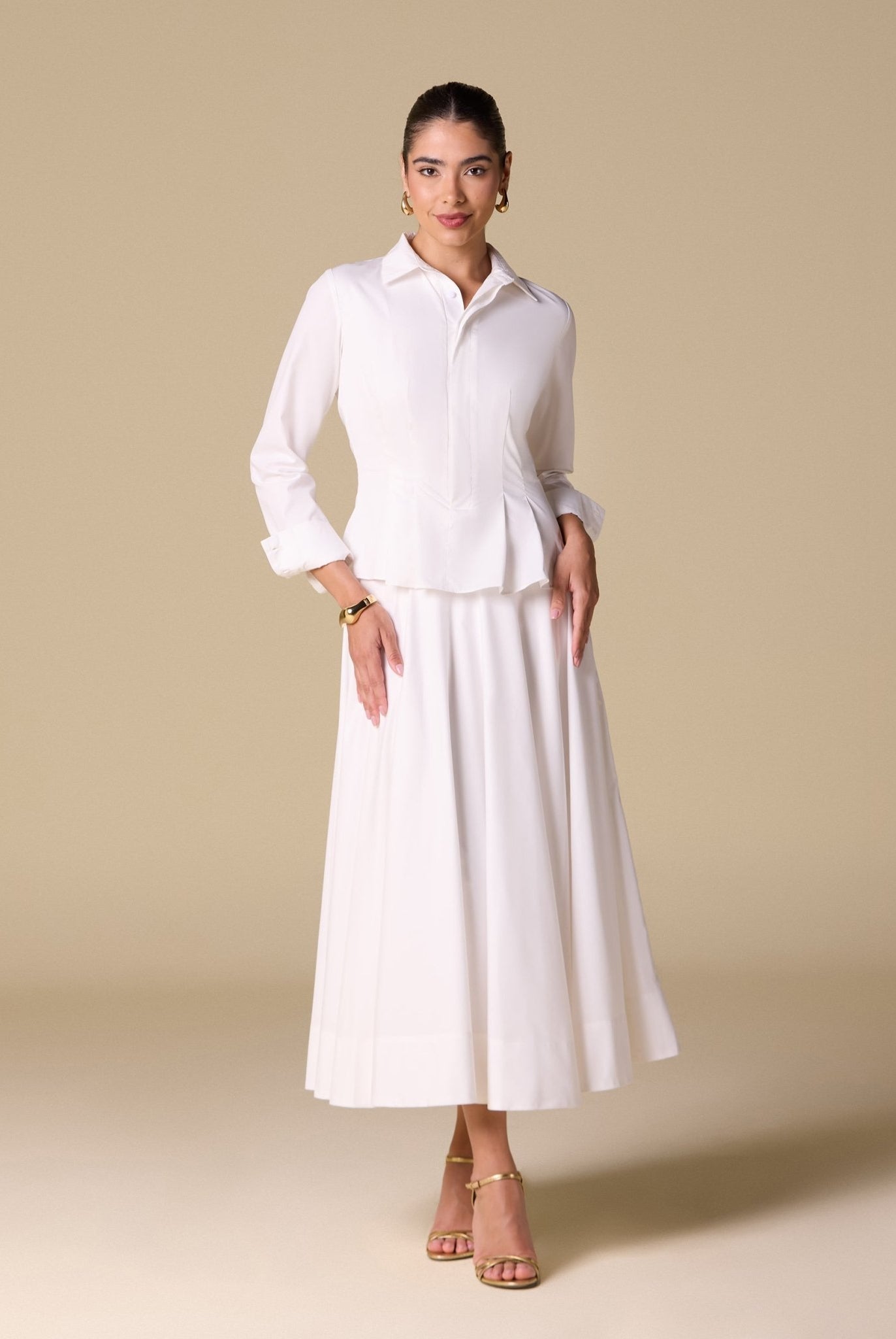 Long Sleeve A - Line Midi Dress with Shirt Collar - shopaleena