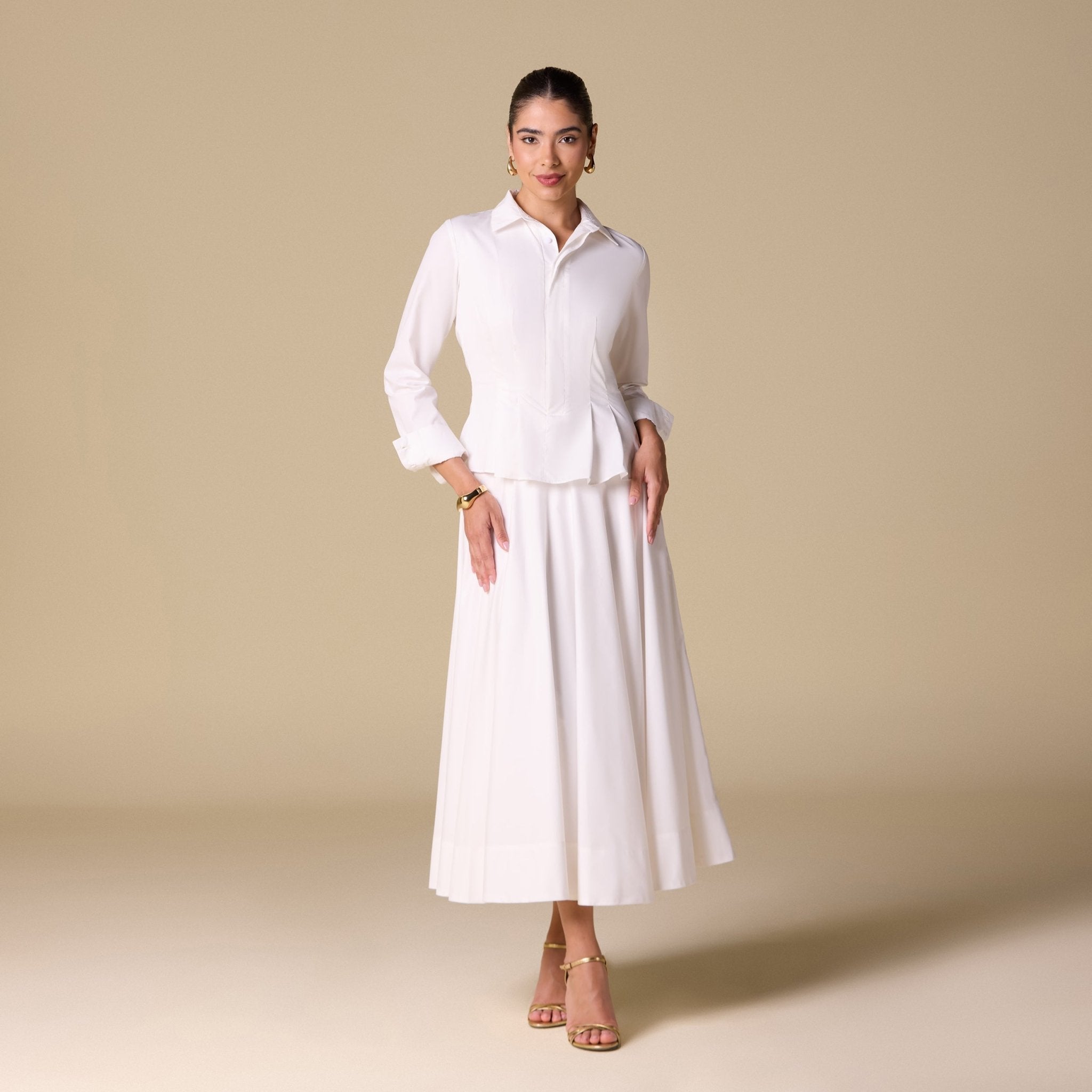 Long Sleeve A - Line Midi Dress with Shirt Collar - shopaleena