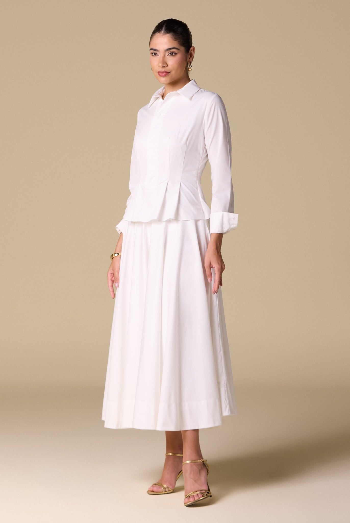 Long Sleeve A - Line Midi Dress with Shirt Collar - shopaleena