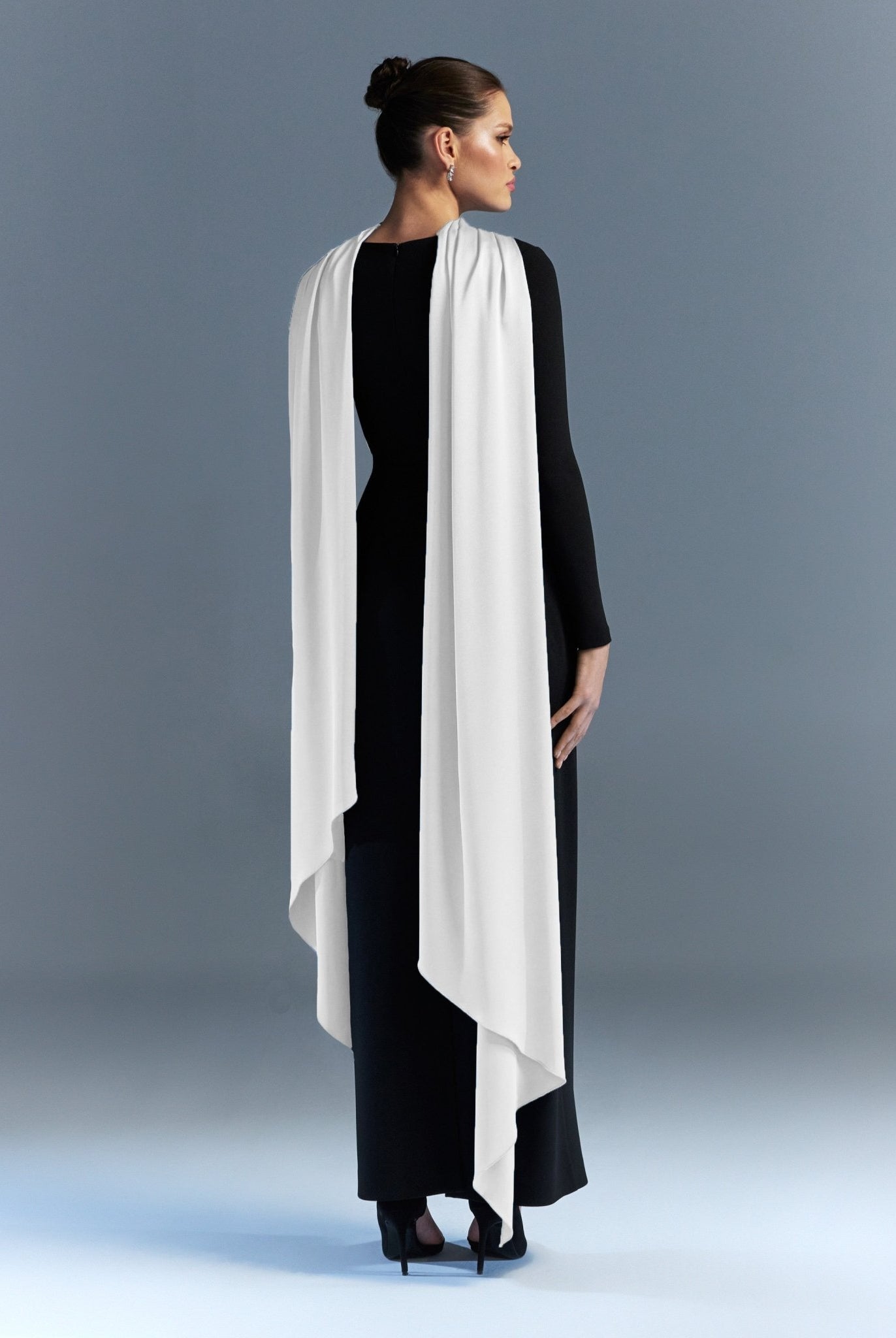 Long sleeve crepe dress with satin scarf - shopaleena