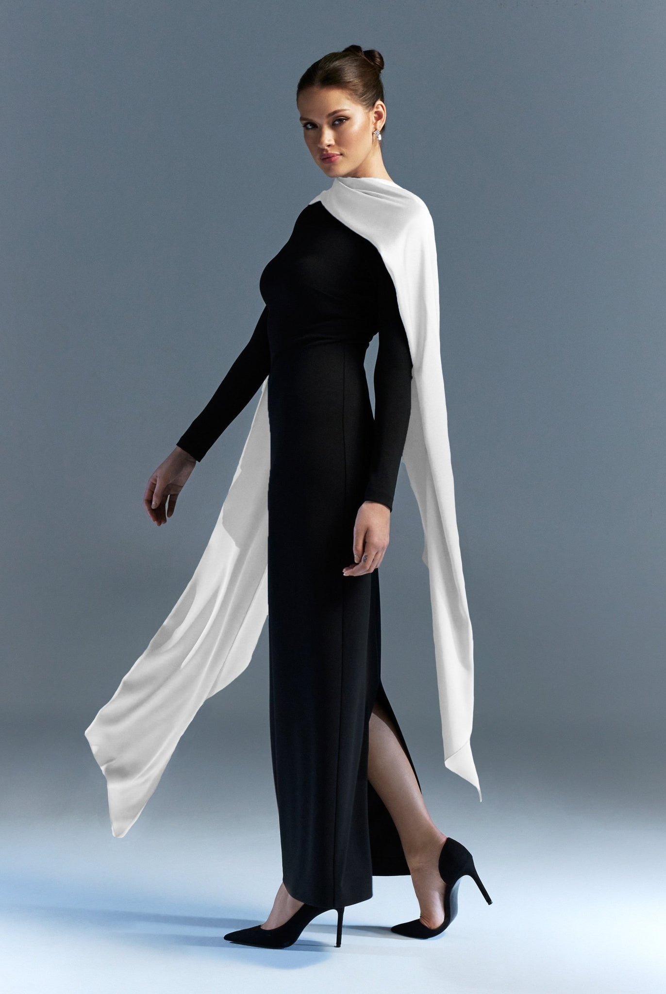 Long sleeve crepe dress with satin scarf - shopaleena