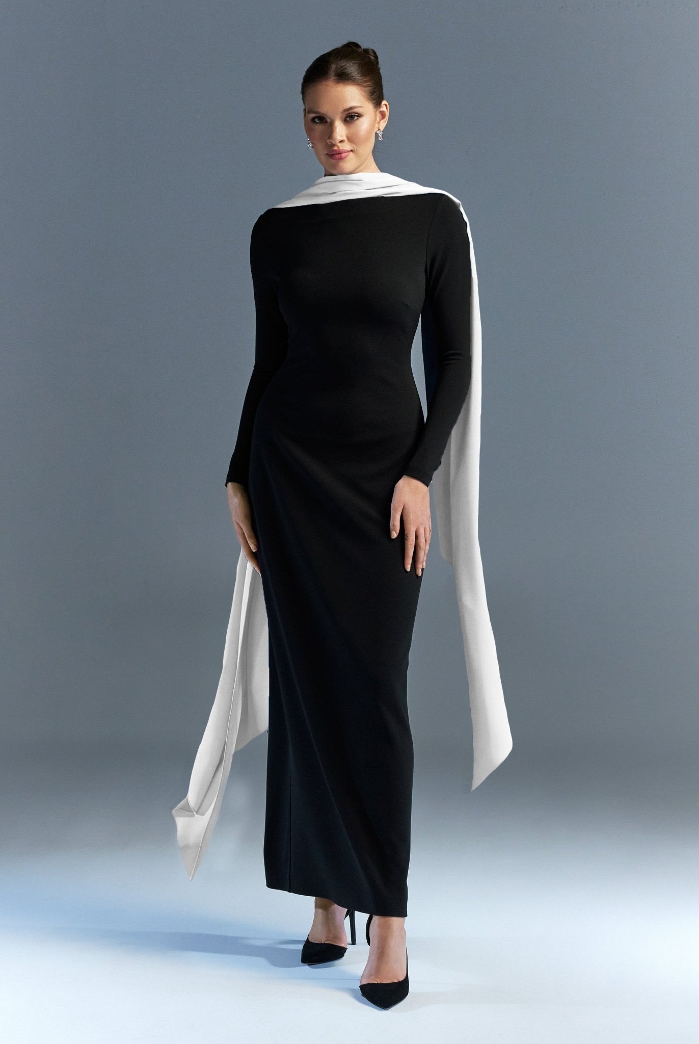 Long sleeve crepe dress with satin scarf - shopaleena