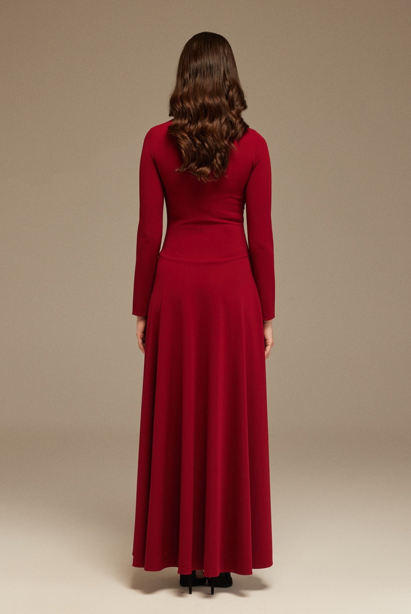 Long - Sleeve Draped Maxi Dress With Asymmetric Hem - shopaleena