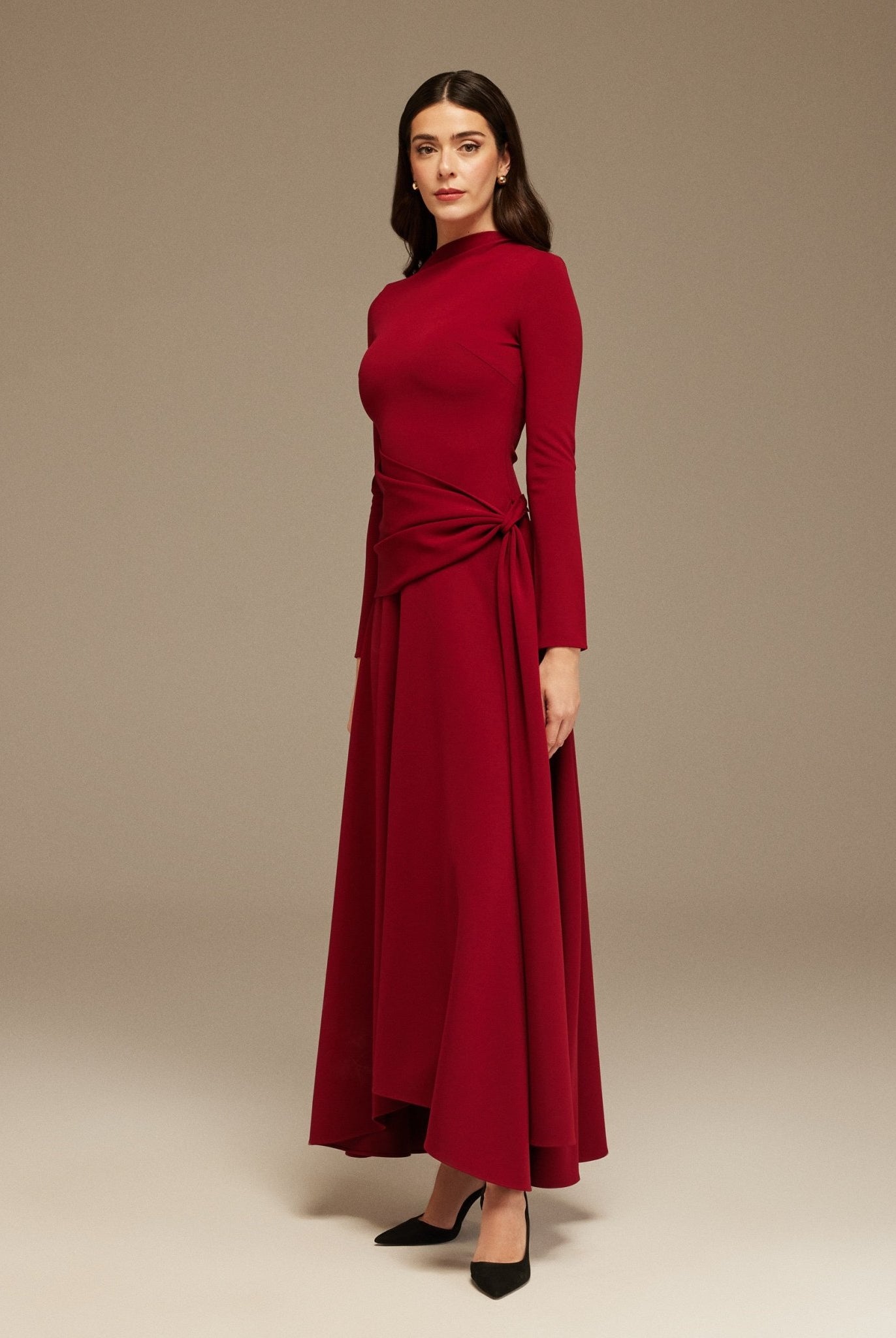 Long - Sleeve Draped Maxi Dress With Asymmetric Hem - shopaleena