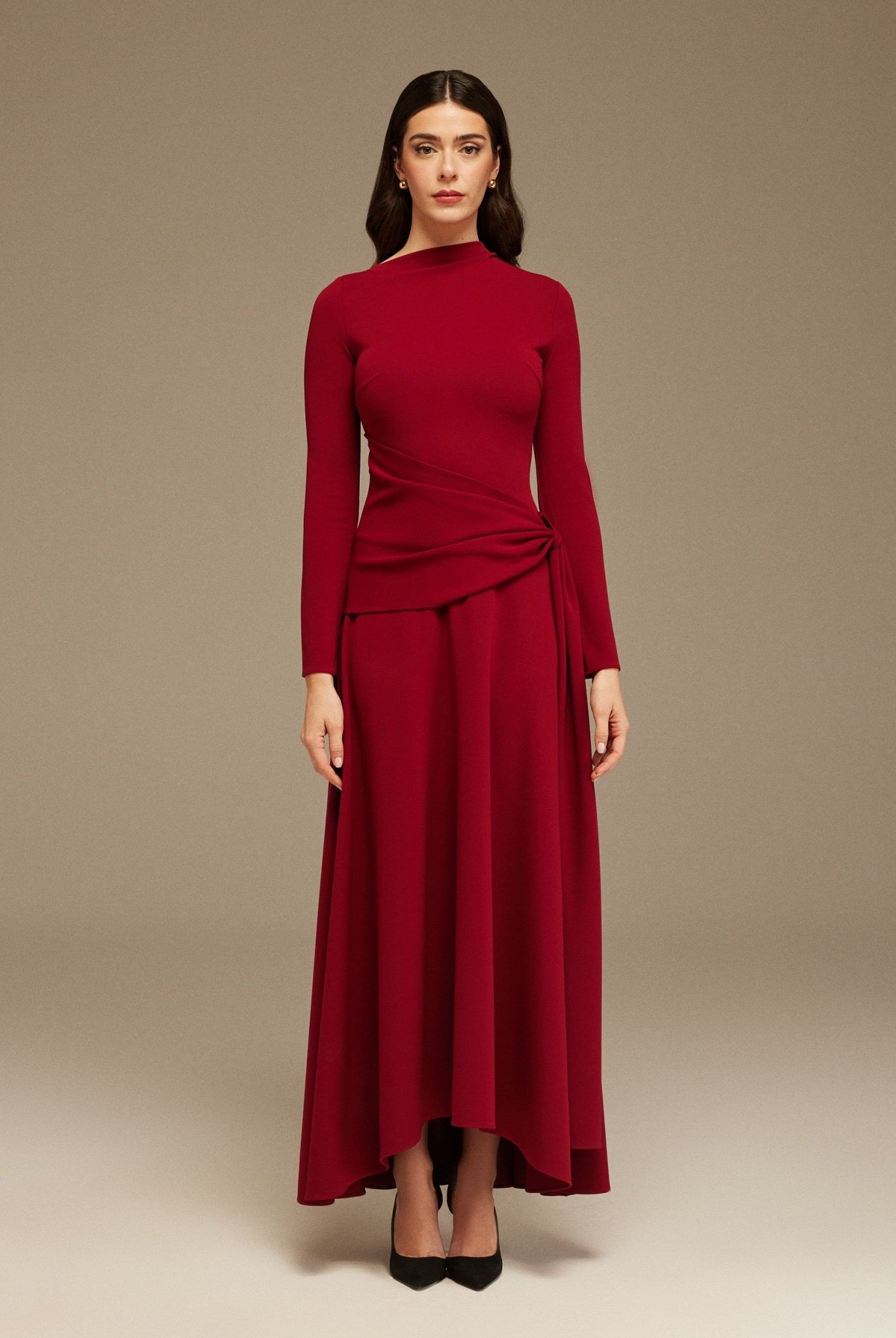Long - Sleeve Draped Maxi Dress With Asymmetric Hem - shopaleena