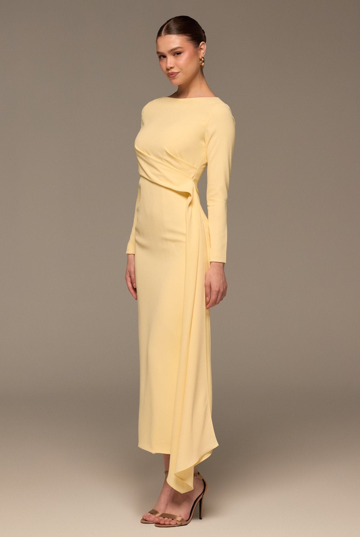 Long Sleeve Draped Midi Dress - shopaleena