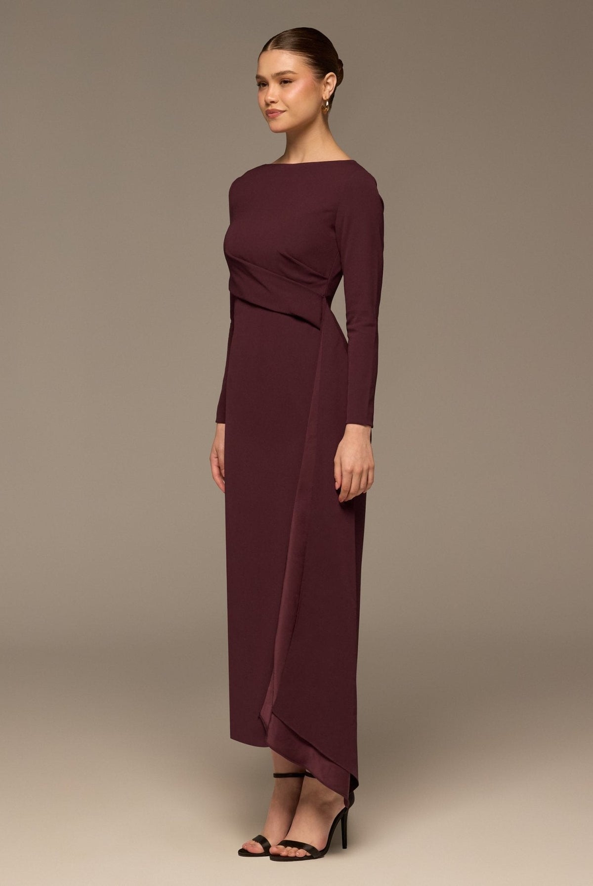 Long Sleeve Draped Midi Dress - shopaleena