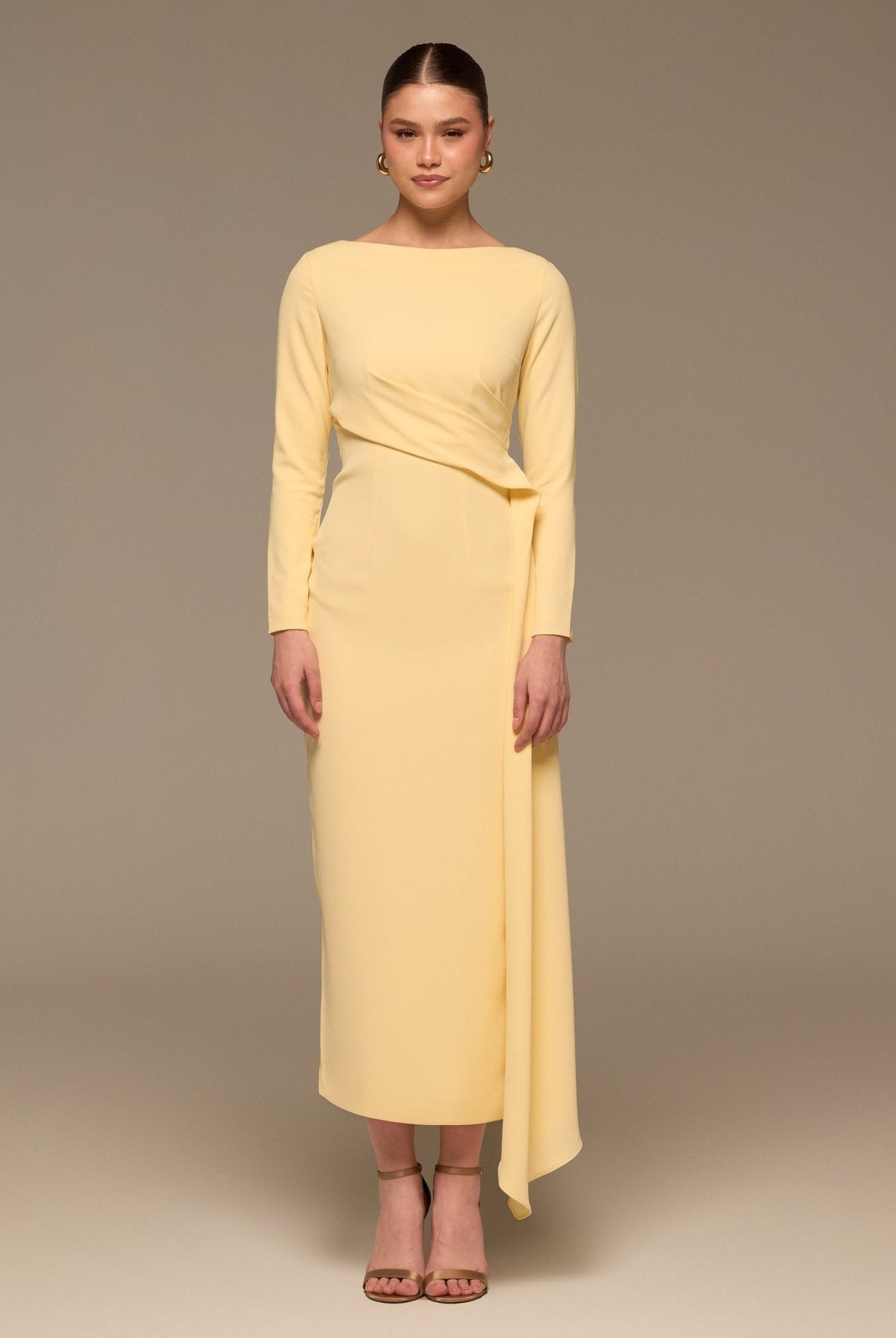 Long Sleeve Draped Midi Dress - shopaleena