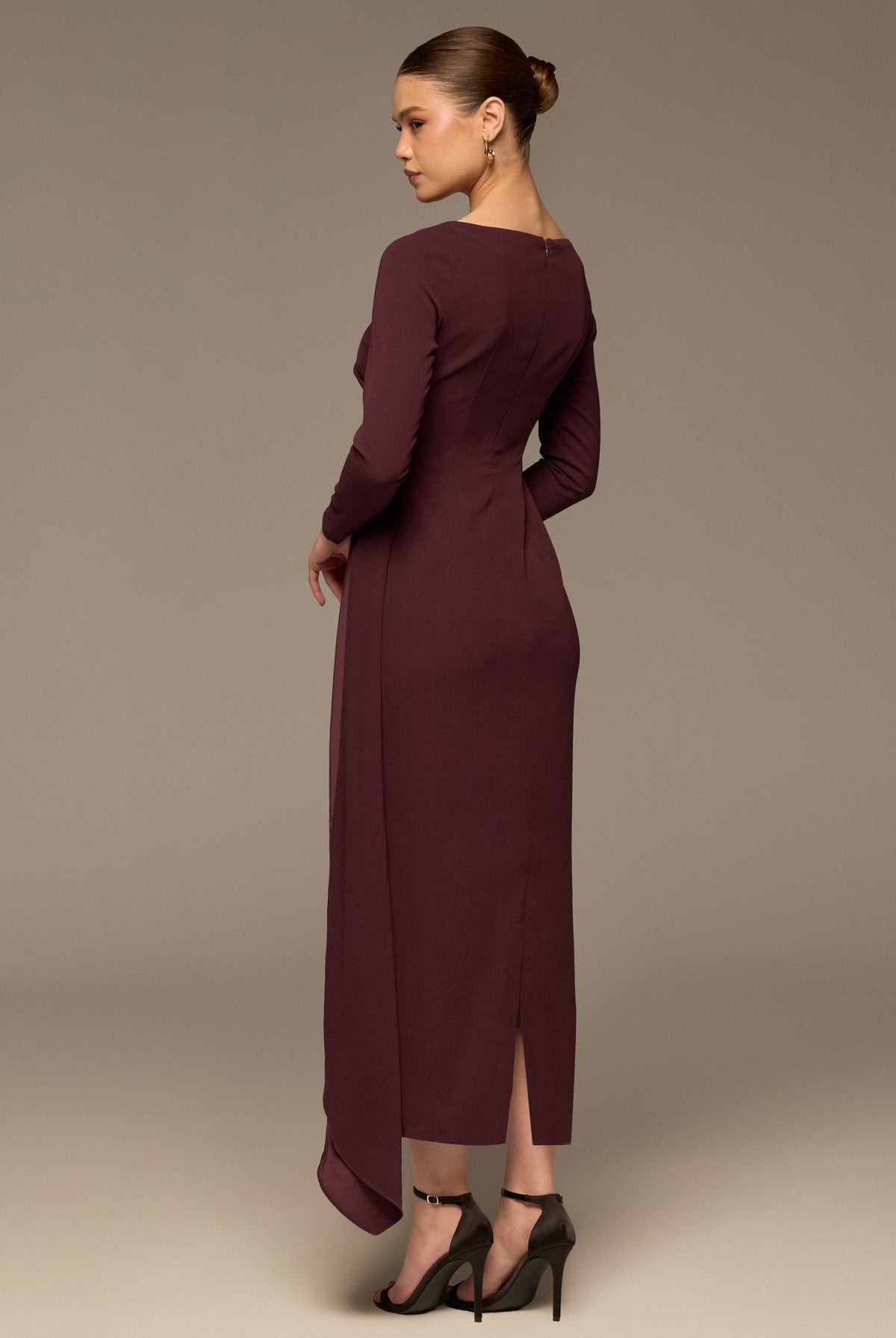Long Sleeve Draped Midi Dress - shopaleena