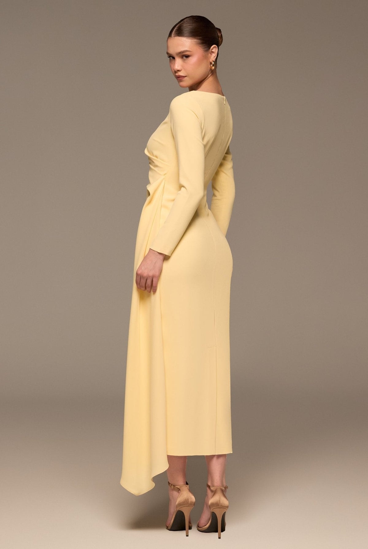Long Sleeve Draped Midi Dress - shopaleena