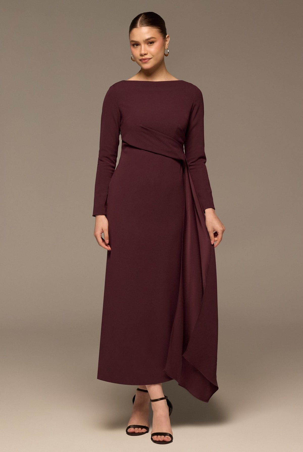 Long Sleeve Draped Midi Dress - shopaleena