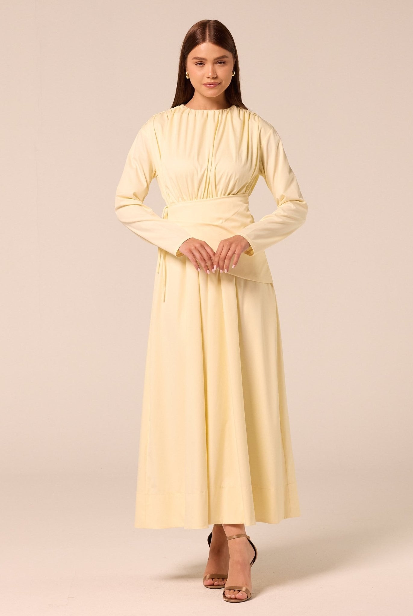 Long Sleeve Gathered Maxi Dress - shopaleena