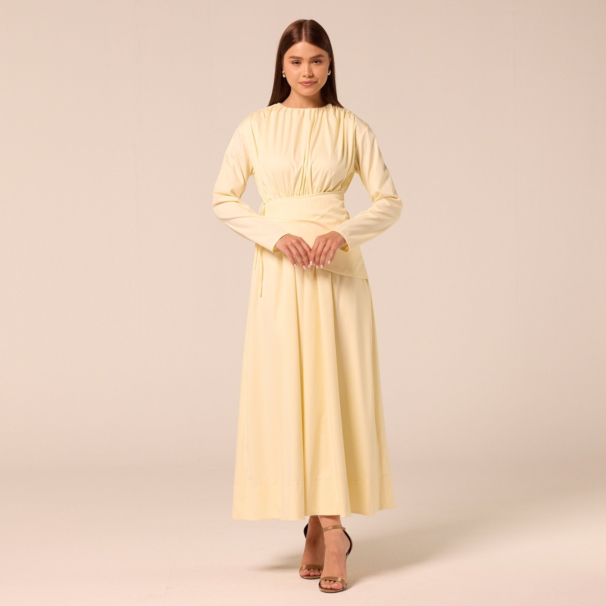 Long Sleeve Gathered Maxi Dress - shopaleena