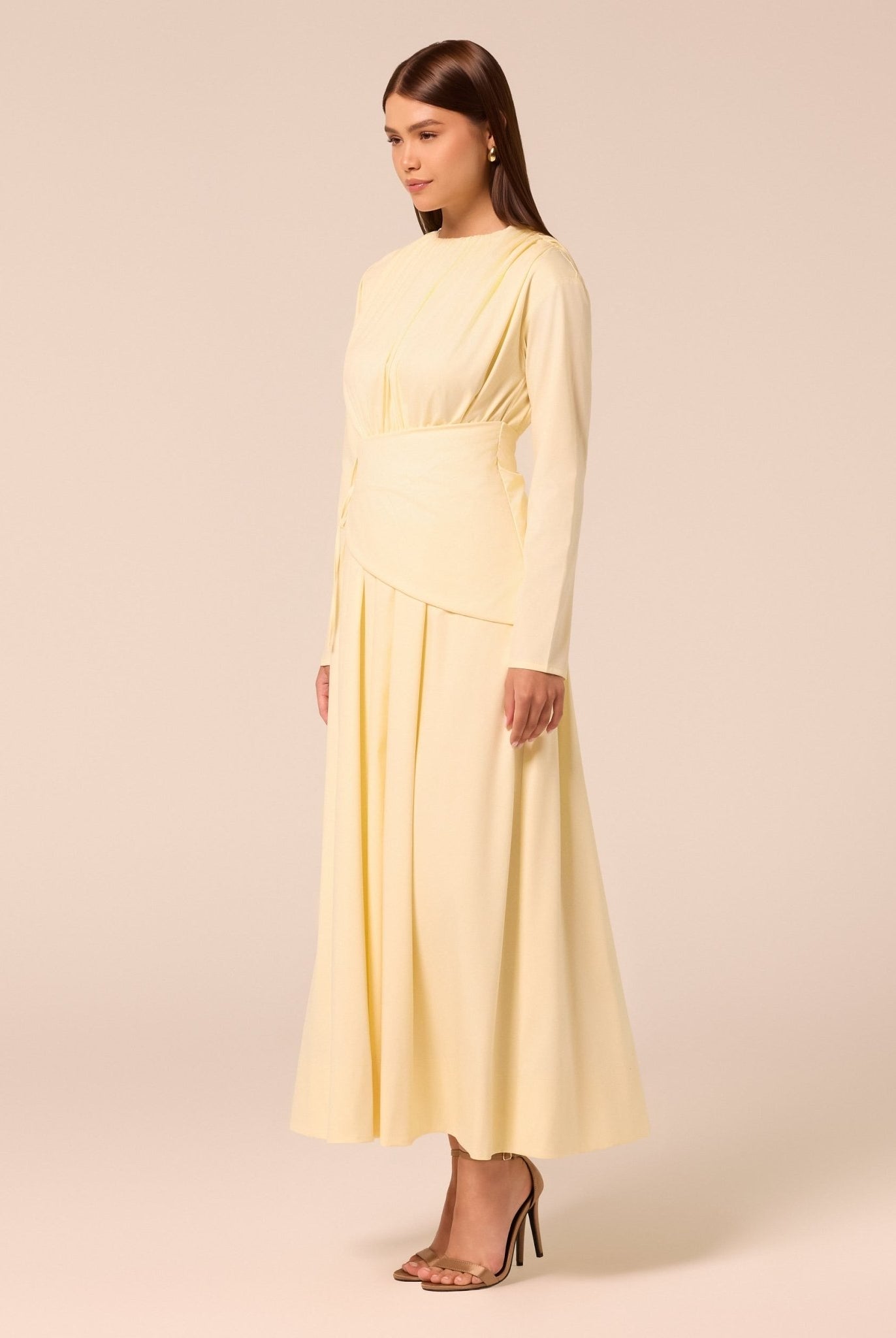 Long Sleeve Gathered Maxi Dress - shopaleena