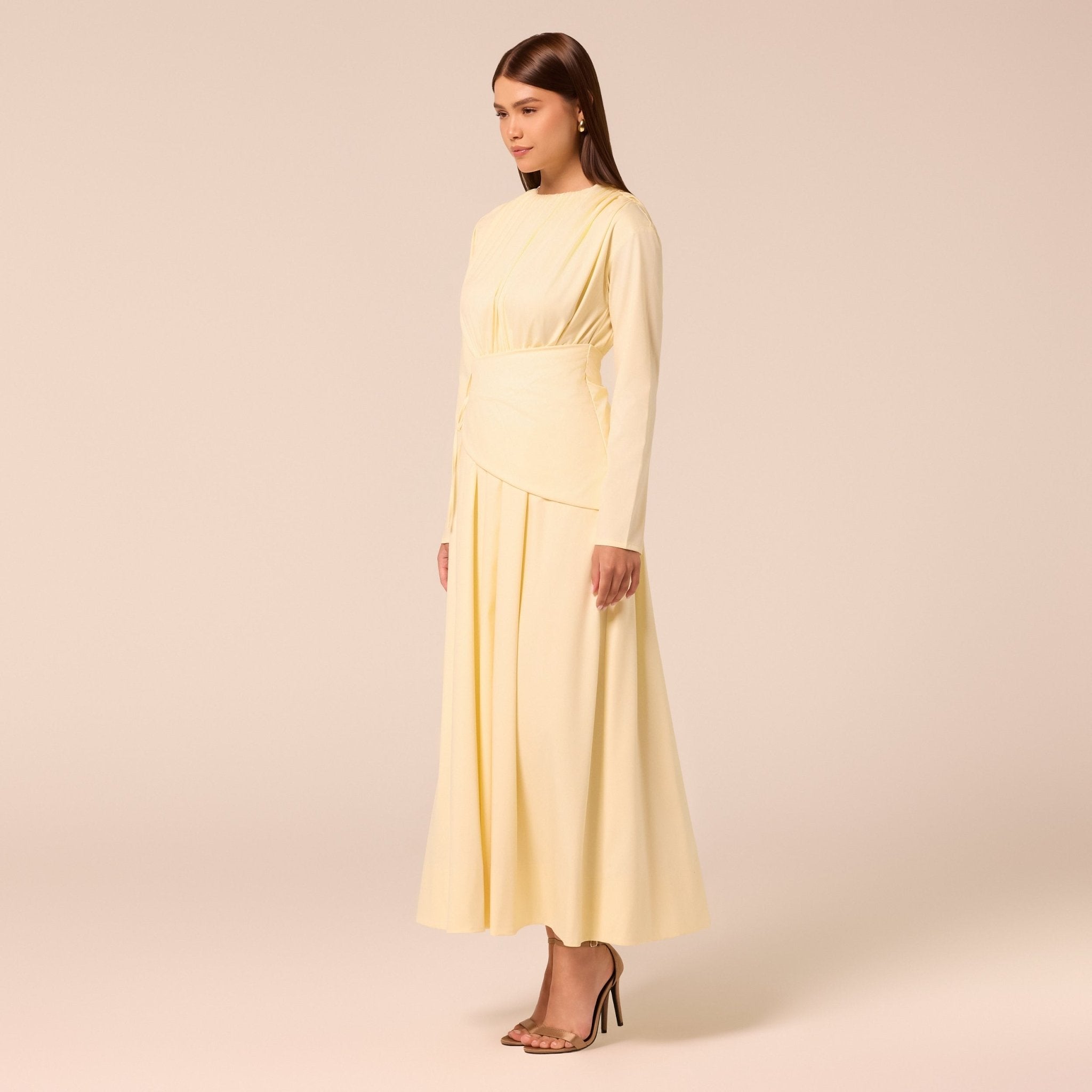 Long Sleeve Gathered Maxi Dress - shopaleena
