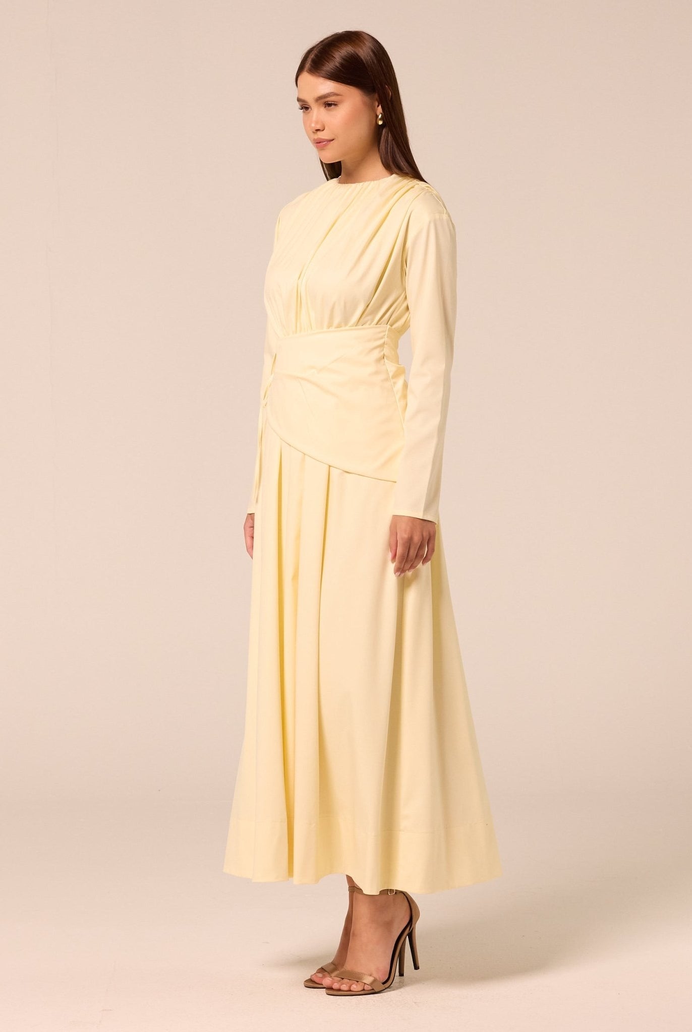 Long Sleeve Gathered Maxi Dress - shopaleena