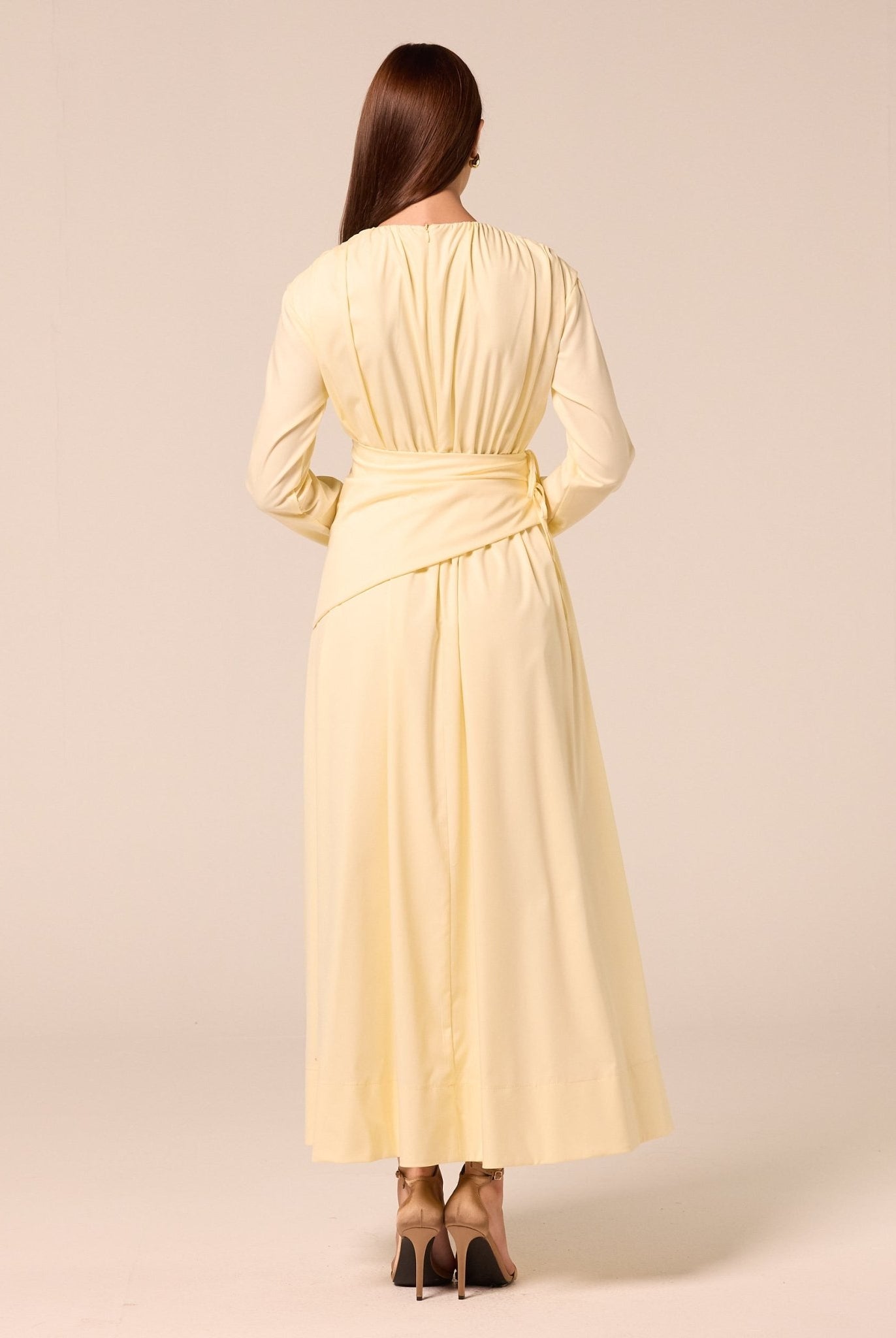 Long Sleeve Gathered Maxi Dress - shopaleena