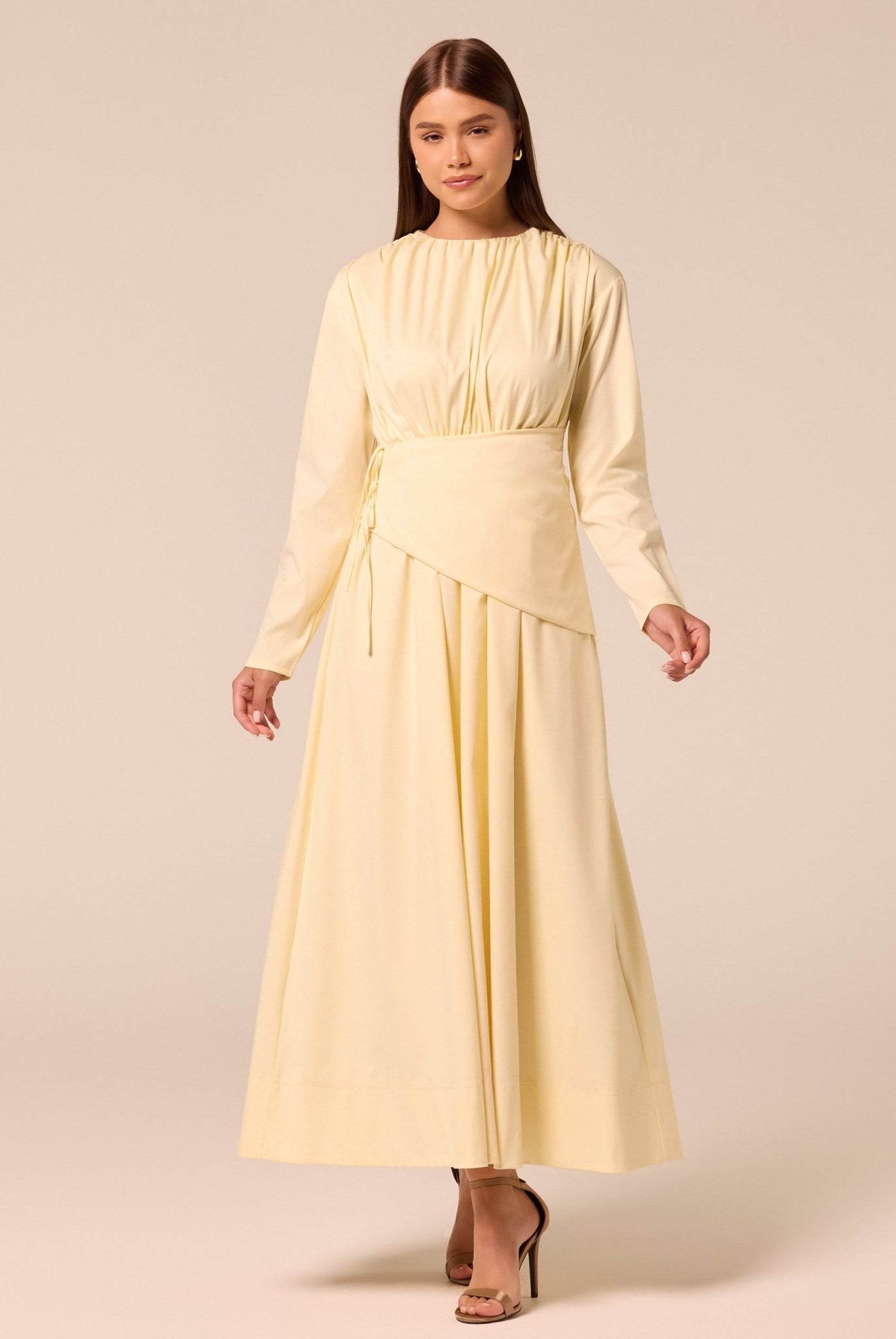 Long Sleeve Gathered Maxi Dress - shopaleena