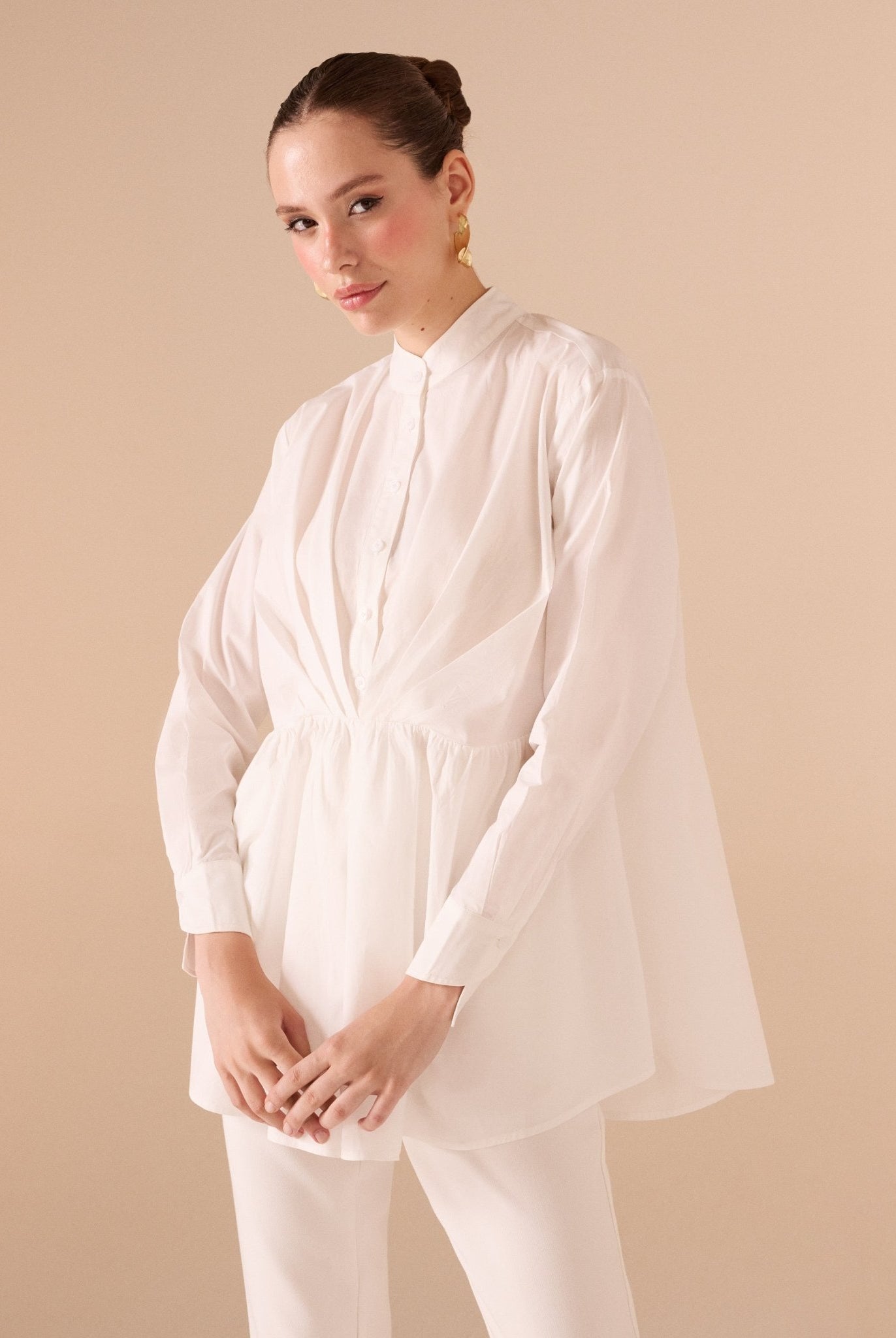 Long Sleeve Gathered Waist Shirt - shopaleena