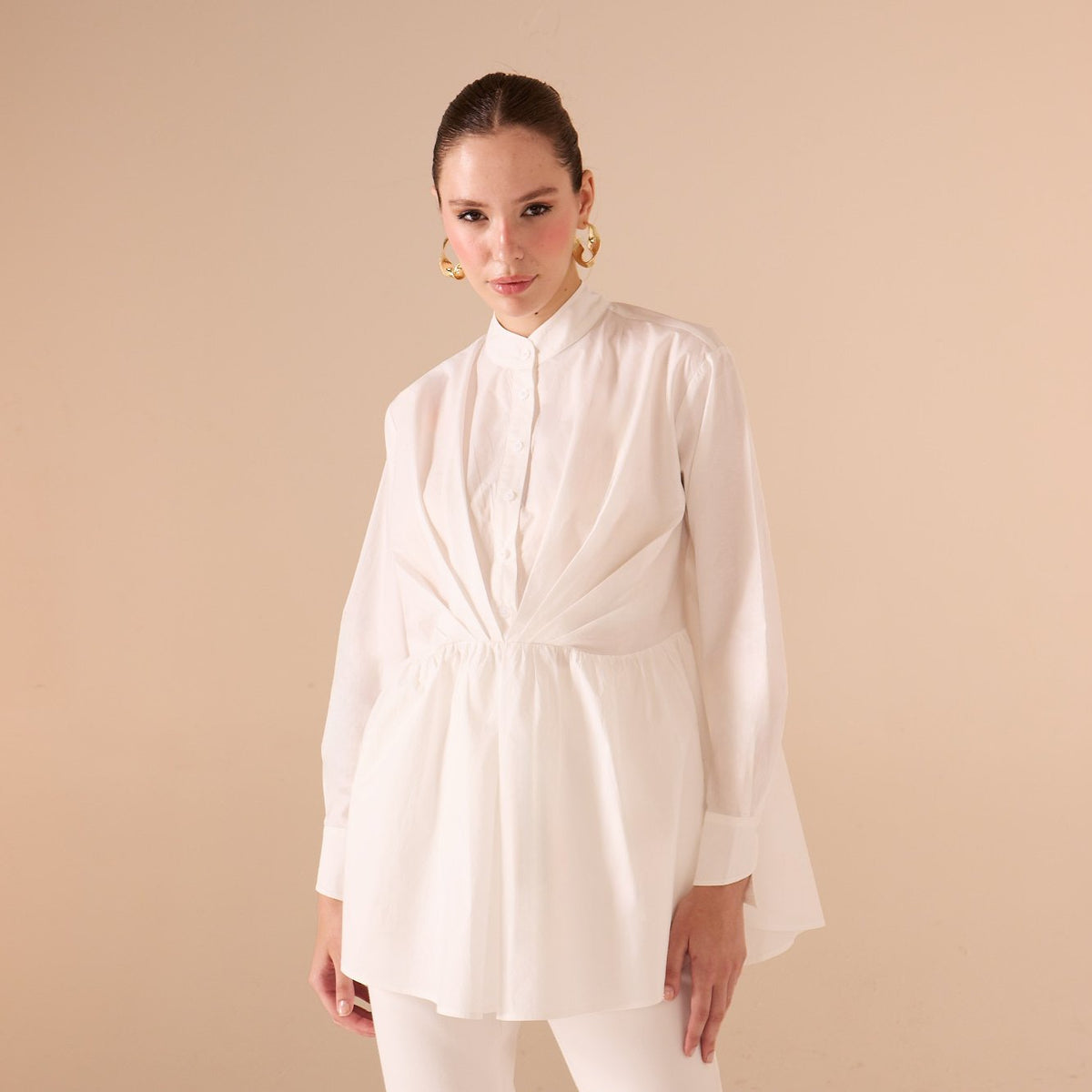 White Gathered sleeves, a belted waist, and low shoulders shirt 10841