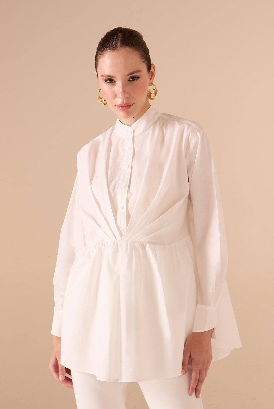 Long Sleeve Gathered Waist Shirt - shopaleena