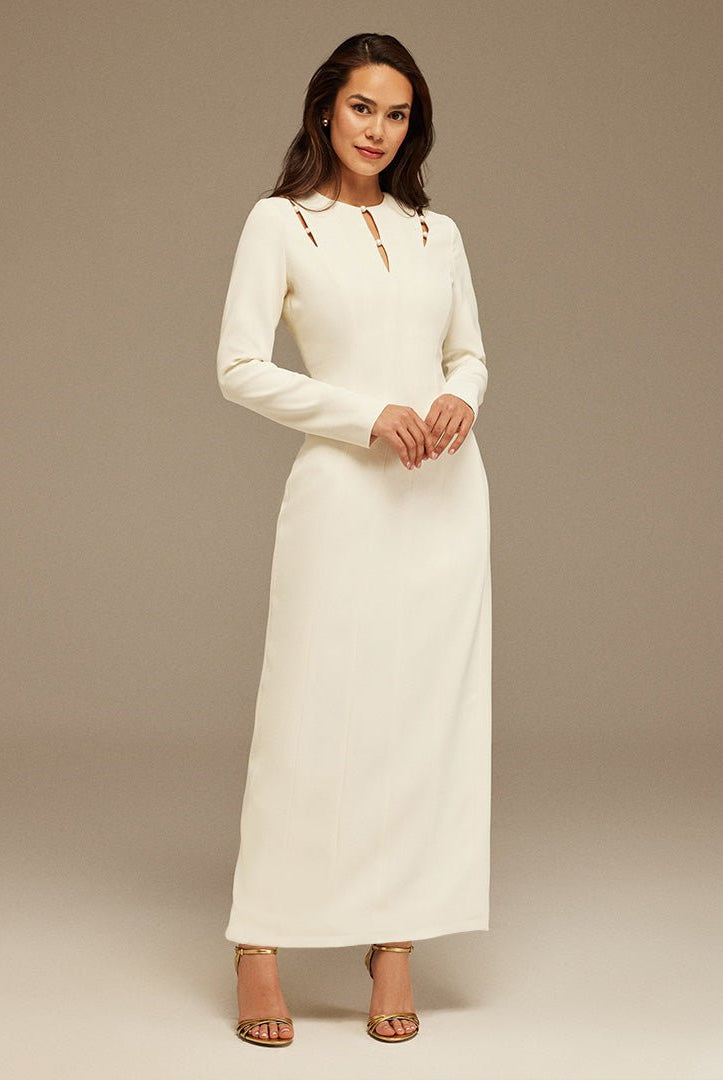 Long - Sleeve Maxi Dress With Intricate Details - shopaleena
