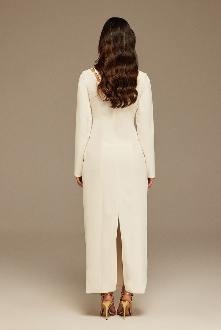 Long - Sleeve Maxi Dress With Intricate Details - shopaleena