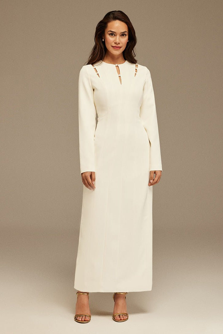 Long - Sleeve Maxi Dress With Intricate Details - shopaleena