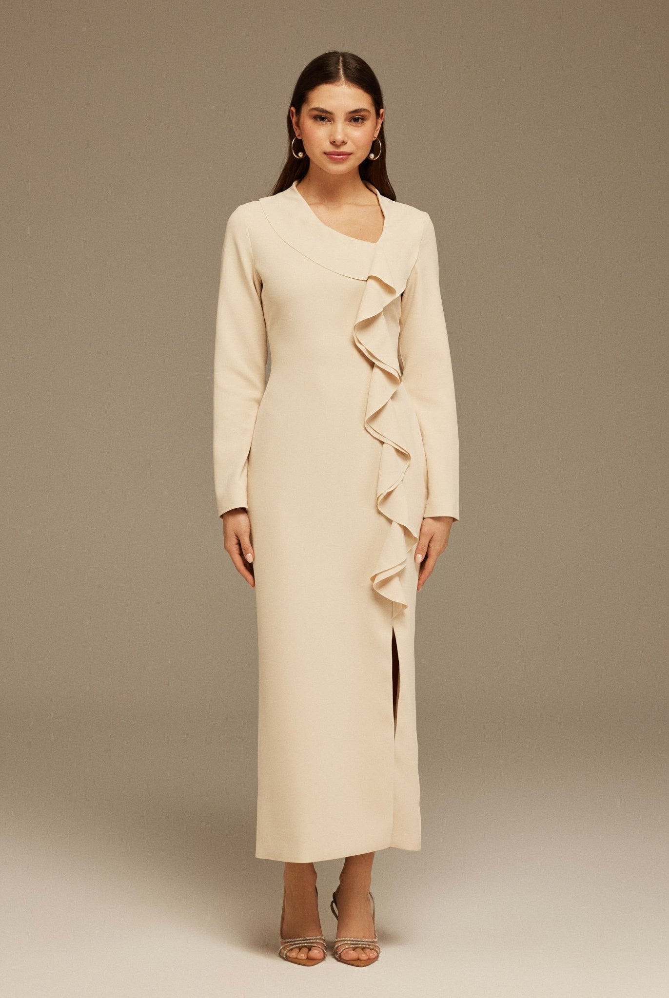 Long Sleeve Midi Dress with Ruffles - shopaleena