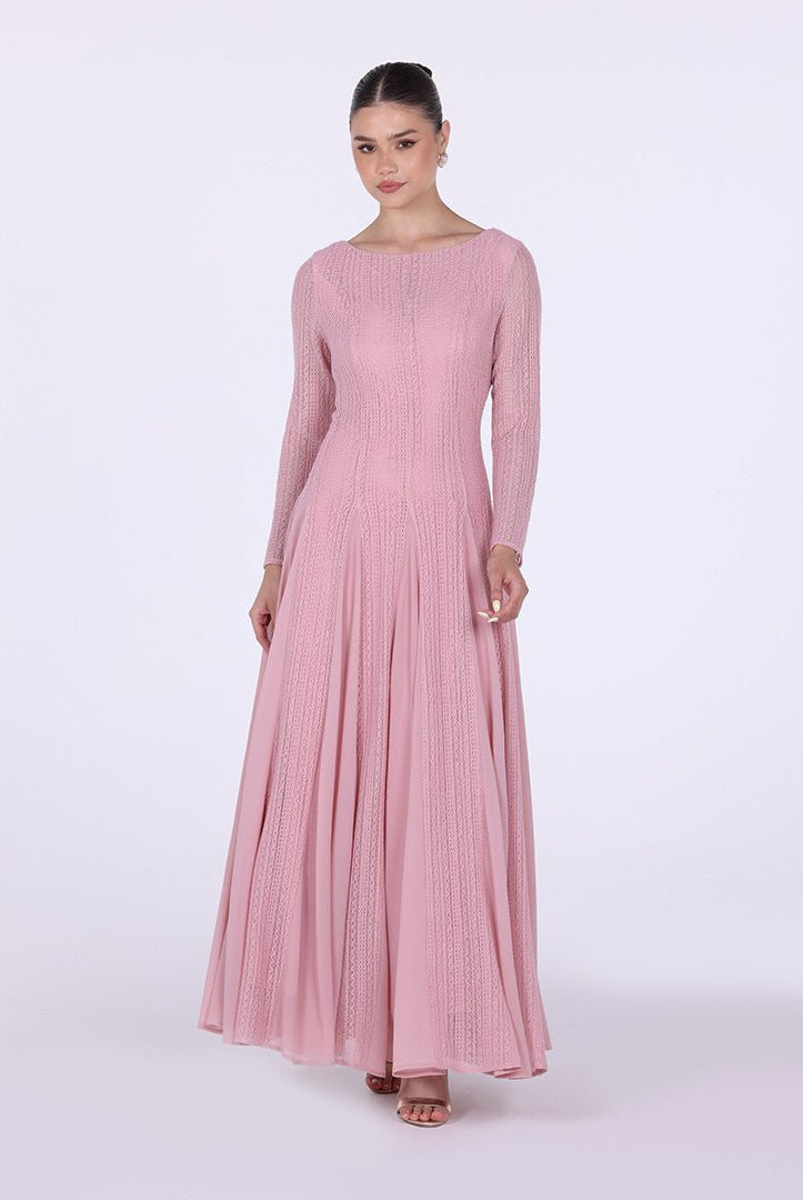 Long Sleeve Pleats Aline Skirt Maxi Dress - shopaleena
