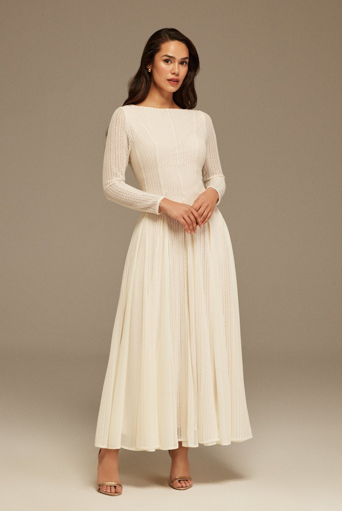 Long Sleeve Pleats Aline Skirt Maxi Dress - shopaleena