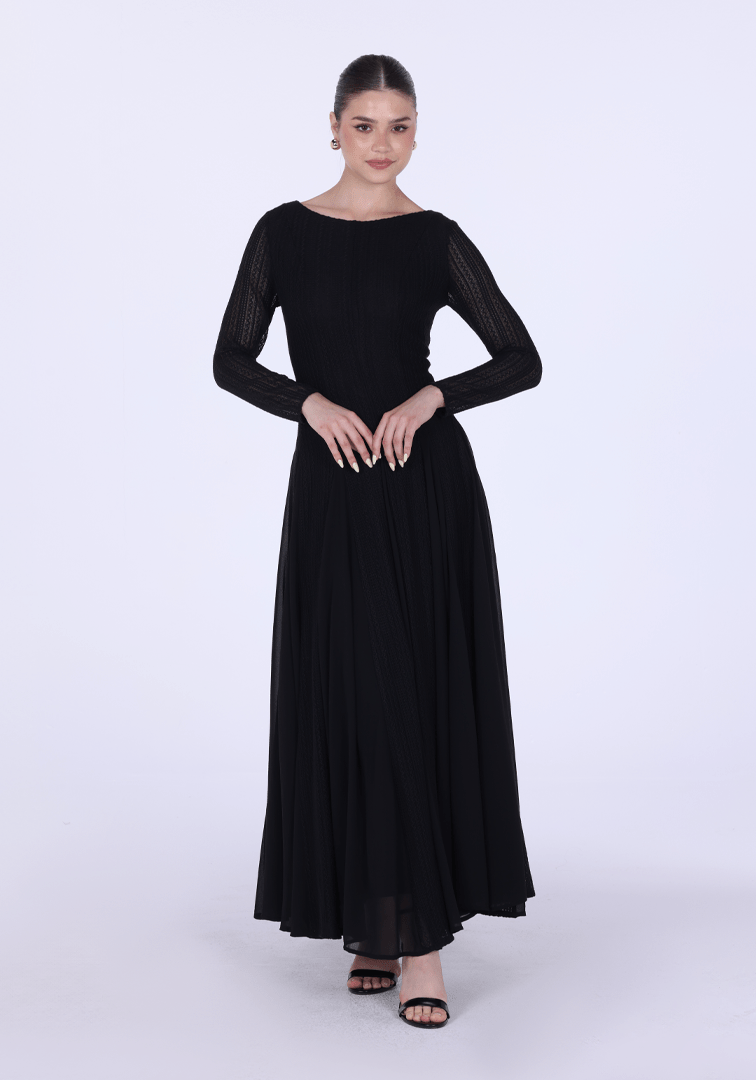 Long Sleeve Pleats Aline Skirt Maxi Dress - shopaleena