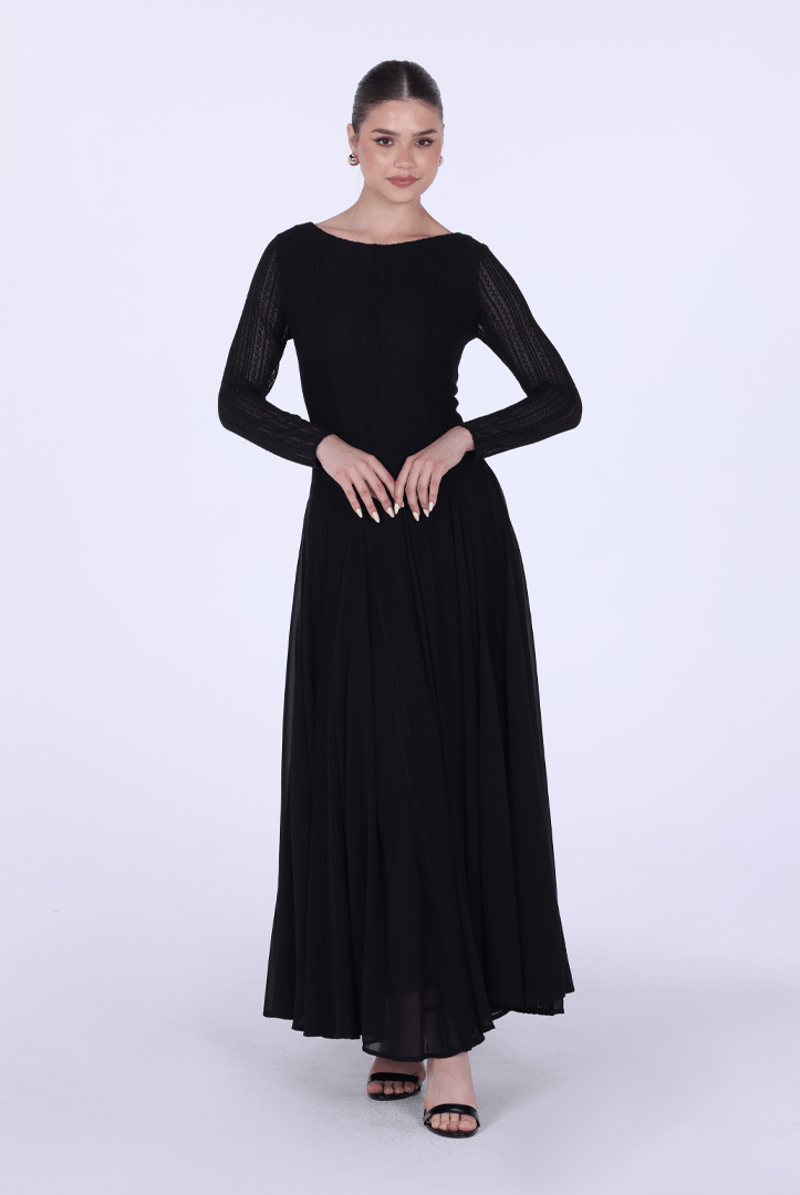 Long Sleeve Pleats Aline Skirt Maxi Dress - shopaleena